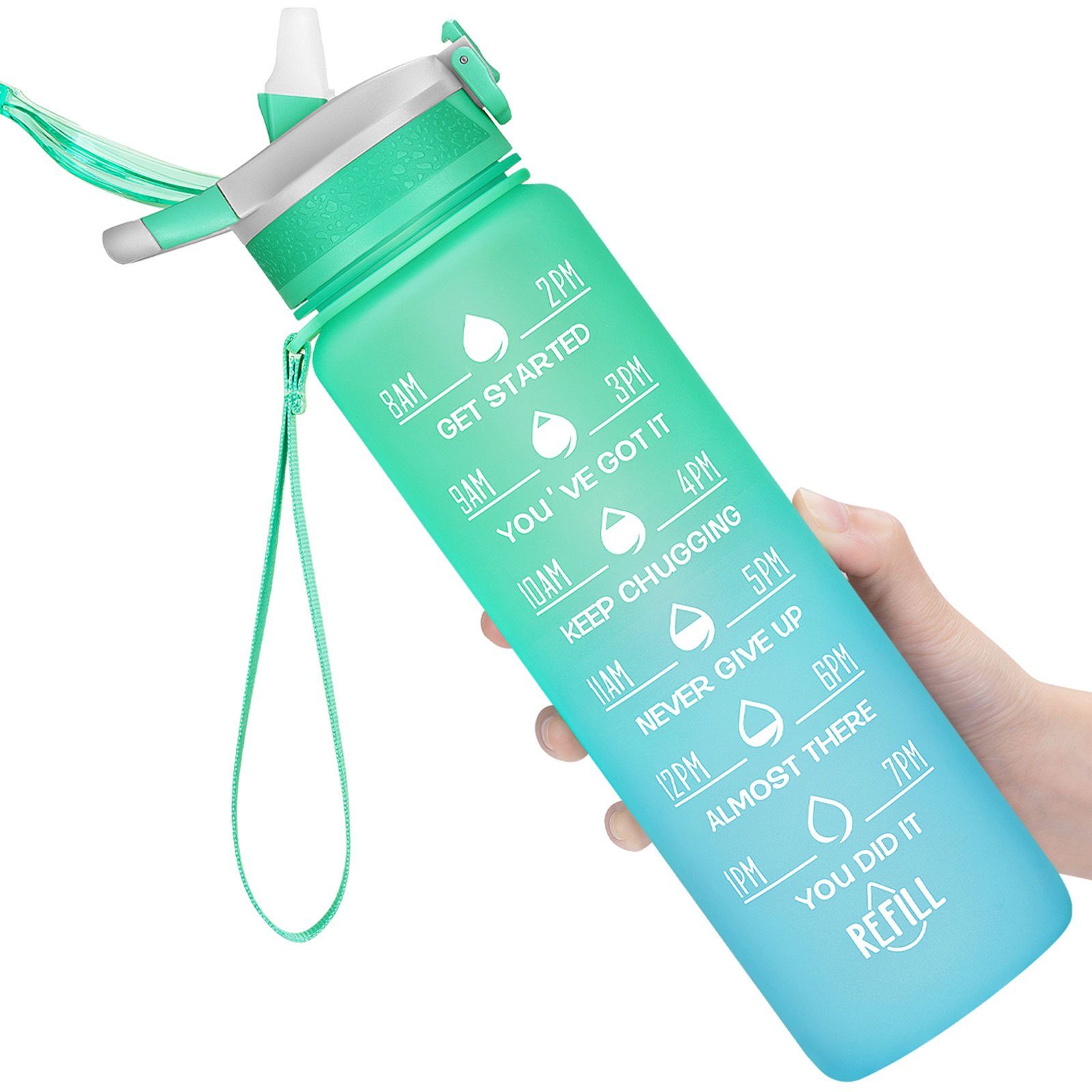 Strohhalm Zeitmarkierung 1L, und Fahrrad Wandern OKWISH 1 Sport BPA-Frei Grün/Blau Trinkflasche Auslaufsicher Outdoor Liter Camping Sportflasche Fitness Wasserflasche