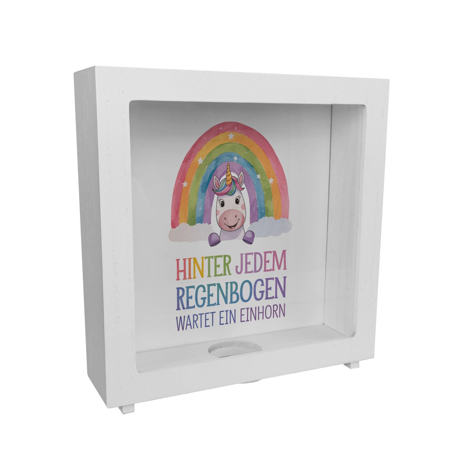 Spardose Lächelndes Einhorn Rahmen Spardose aus Holz Hinter jedem Regenbogen