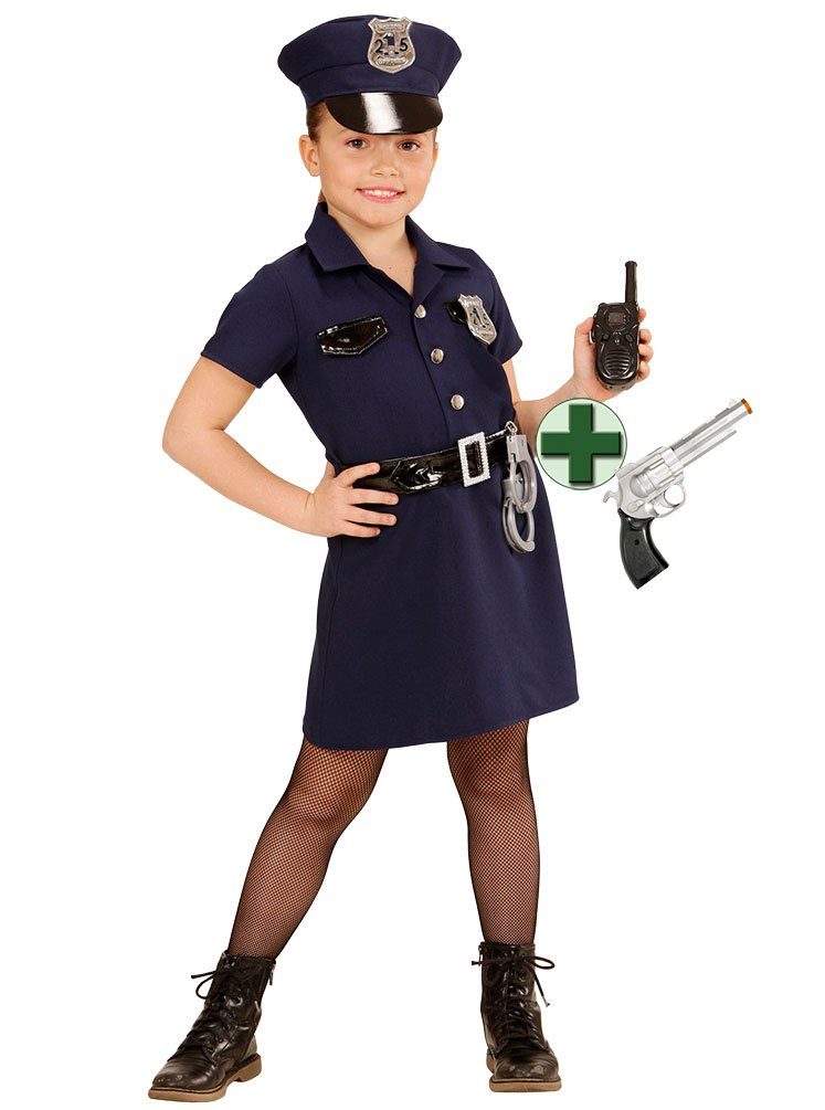 Karneval-Klamotten Polizei-Kostüm Polizistin Cop Kostüm Mädchen blau mit  Pistole, Kinderkostüm Komplett Polizei mit Mütze und Pistole Faschingskostüm