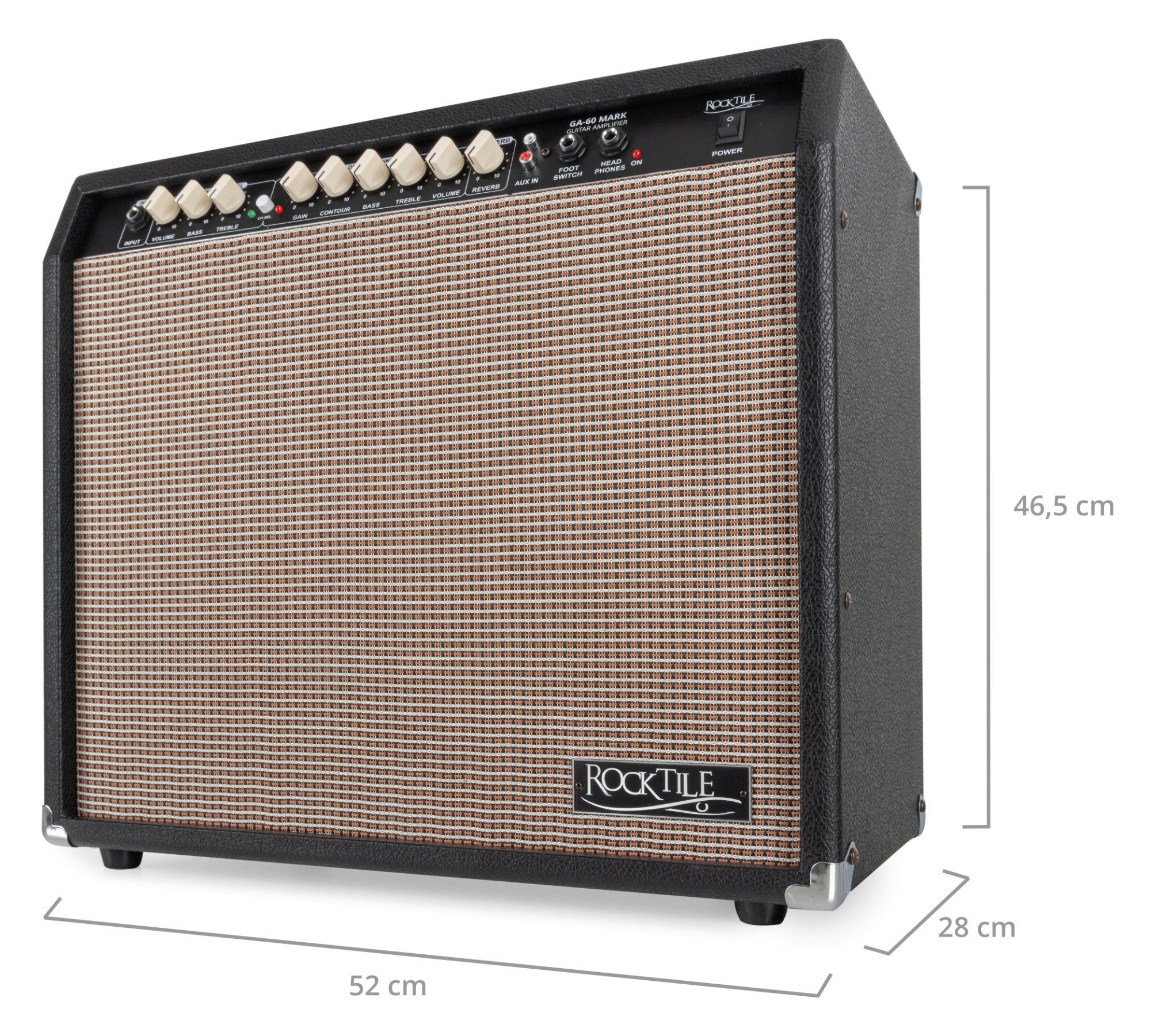 Rocktile GA-60 Mark Gitarrenverstärker Verstärker Kanäle: Gitarrencombo - pro 60 Mit (Normal/Drive), W, Effektweg) Federhall-Effekt 2-Band-EQ (Anzahl 2 - Kanal &