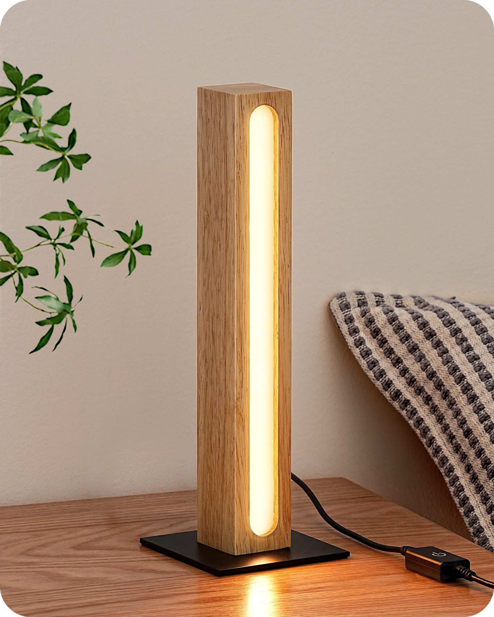 EDISHINE LED Nachttischlampe deko, säulenförmig Holz, LED fest integriert, 3000K-4500K-6000K, Touch Dimmbar, Stehleuchte für Zimmer-ecke, Höhe 27cm