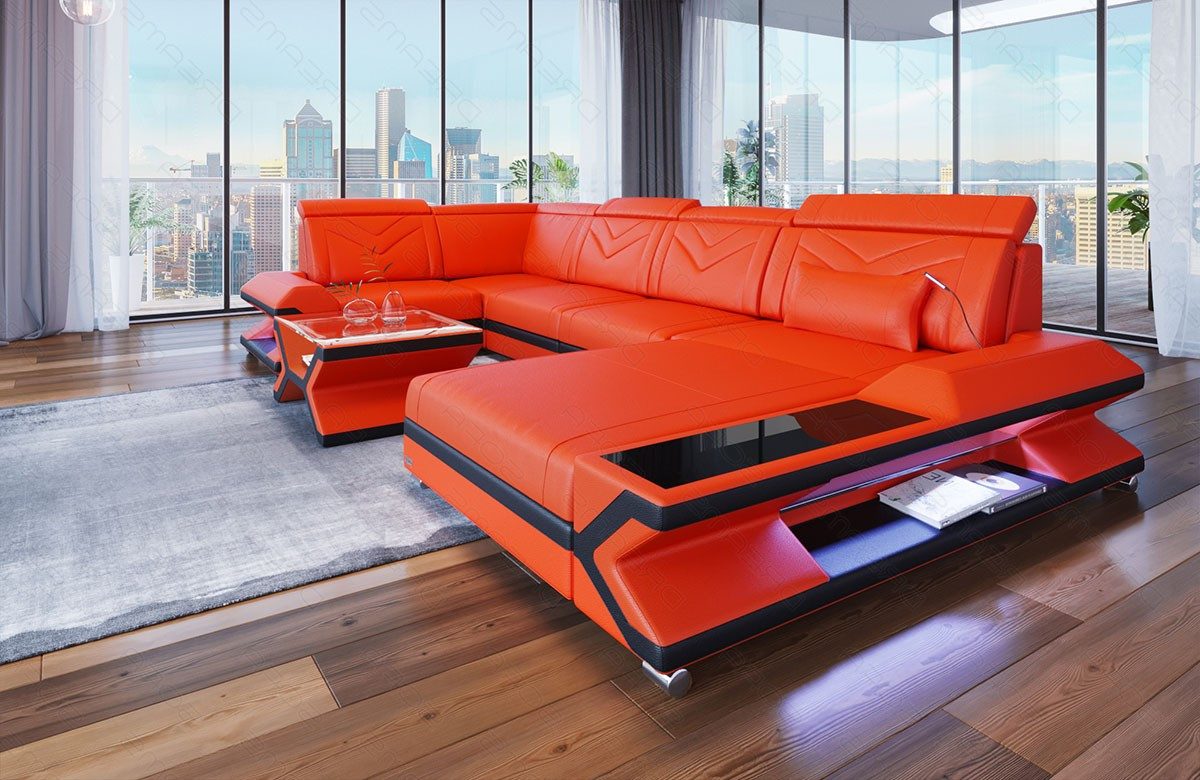 Sofa Dreams Wohnlandschaft Napoli U Form Mini Leder, Designersofa, 6-Sitzer, Ottomane, Leder, LED-Beleuchtung, viele Farben, Kopfstützen