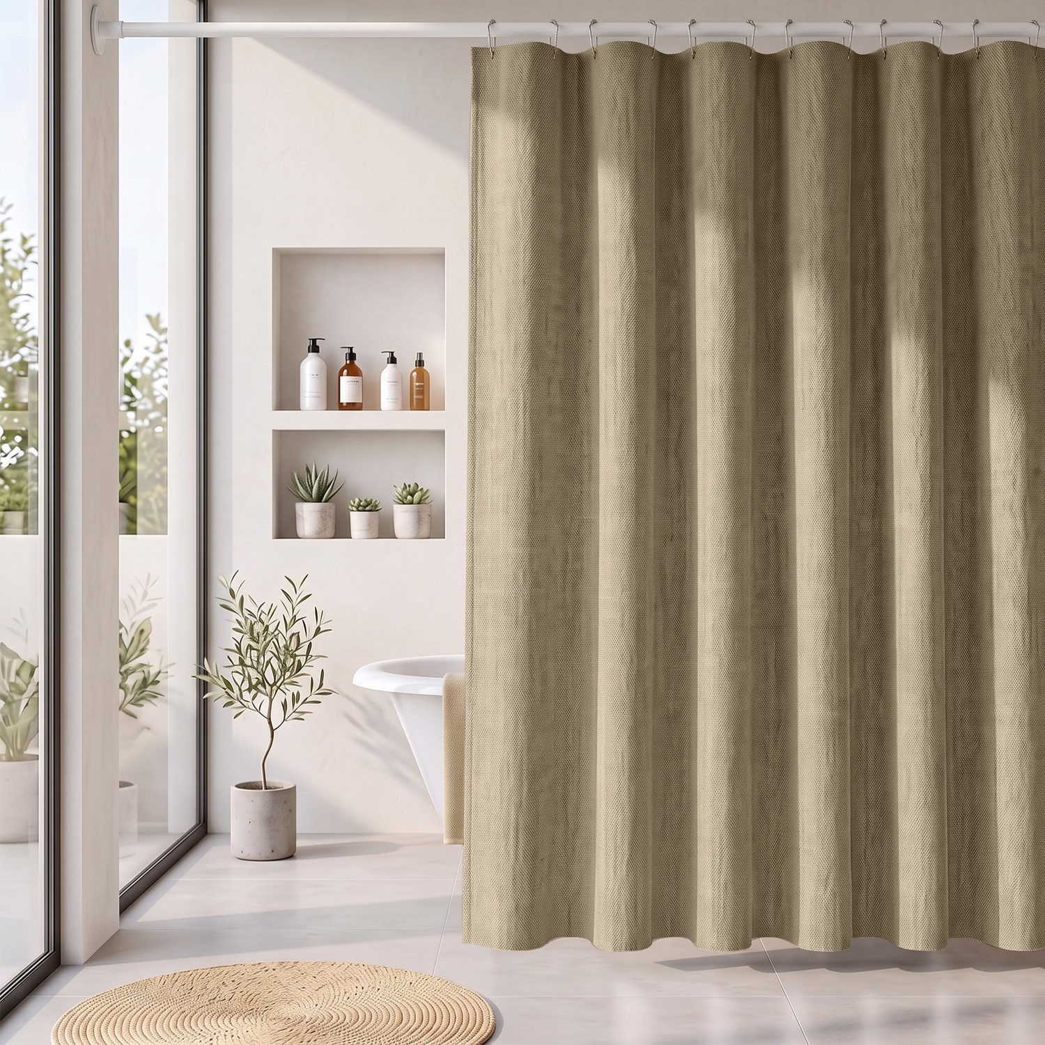 Sekey Duschvorhang Textil Duschvorhang Wannenvorhang Waschbar wasserabweisend mit Ringe Breite 180 cm (Packung, inkl. 12 Ringe), Badewannenvorh, 100% Polyester, Leinenoptik 180x200cm Weizen