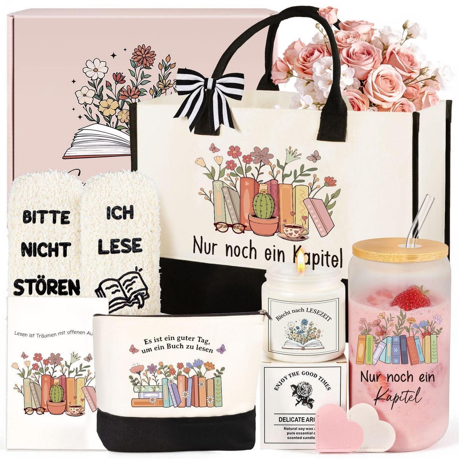 LuxusKollektion Geschenkbox Leseset Geschenkset für Buchliebhaber mit Becher Socken