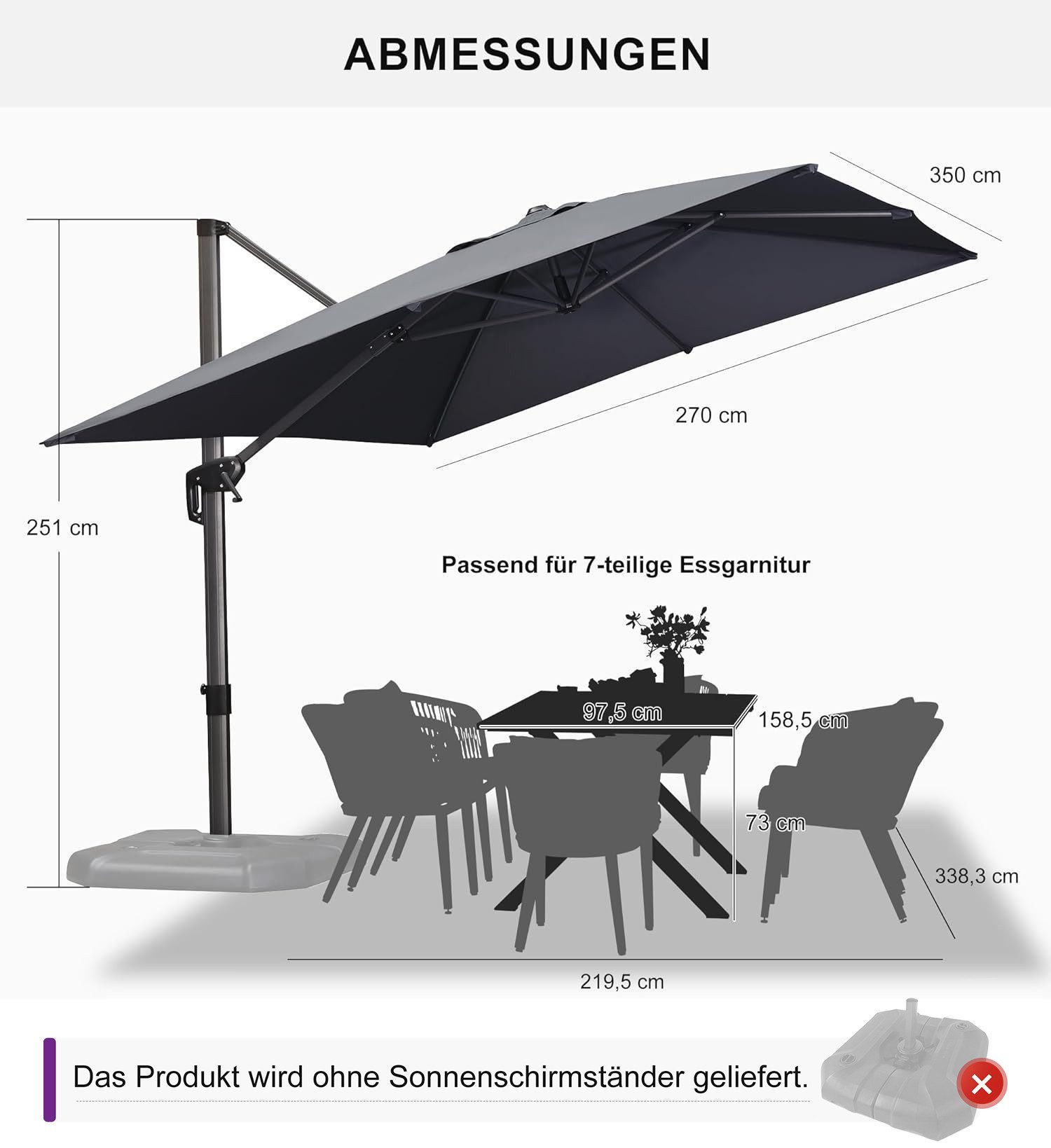 PURPLE LEAF Sonnenschirm Rechteckiger Alu Balkonschirm, Groß Ampelschirm, LxB: 330,00x270,00 cm, 360°Rotation, Sonnenschutz UV50+, für Gartenterrasse, Poolterrasse