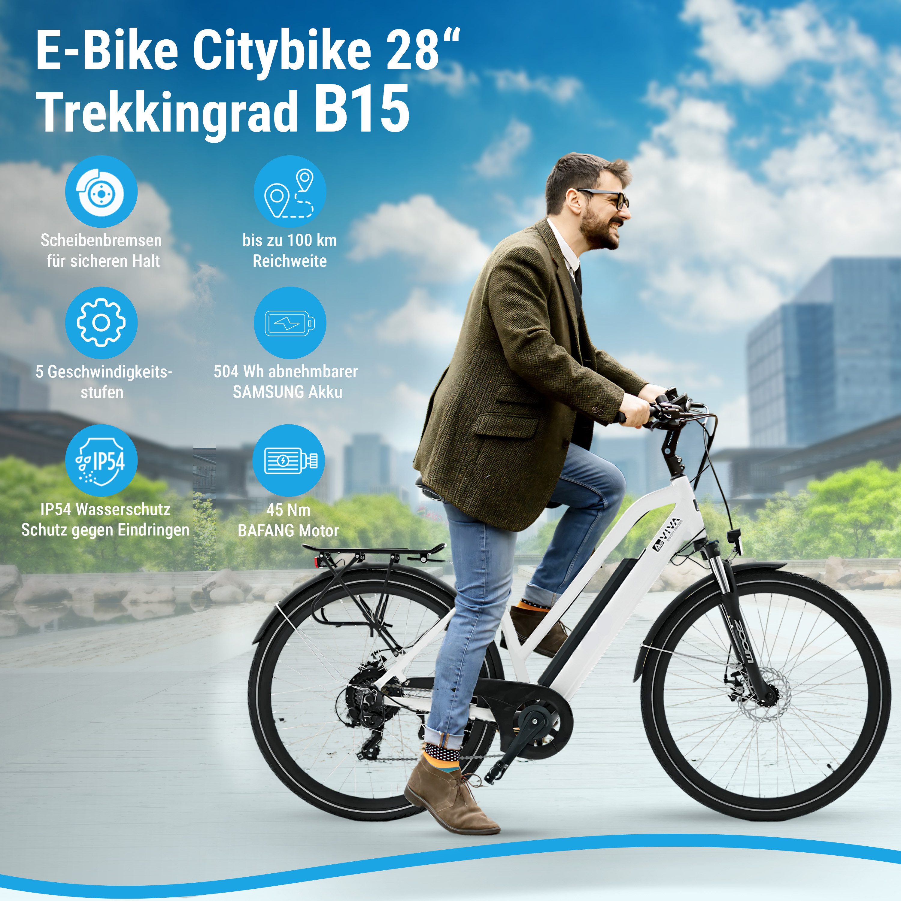 AsVIVA E-Bike Trekkingrad, Cityrad B15 28 Zoll, 7 Gang Shimano Shimano Tourney / SIS RevoShift Schaltwerk, Kettenschaltung, Heckmotor, 504 Wh, 250W Bafang-Motor, Pedelec mit Gepäckträger, Samsung Akku