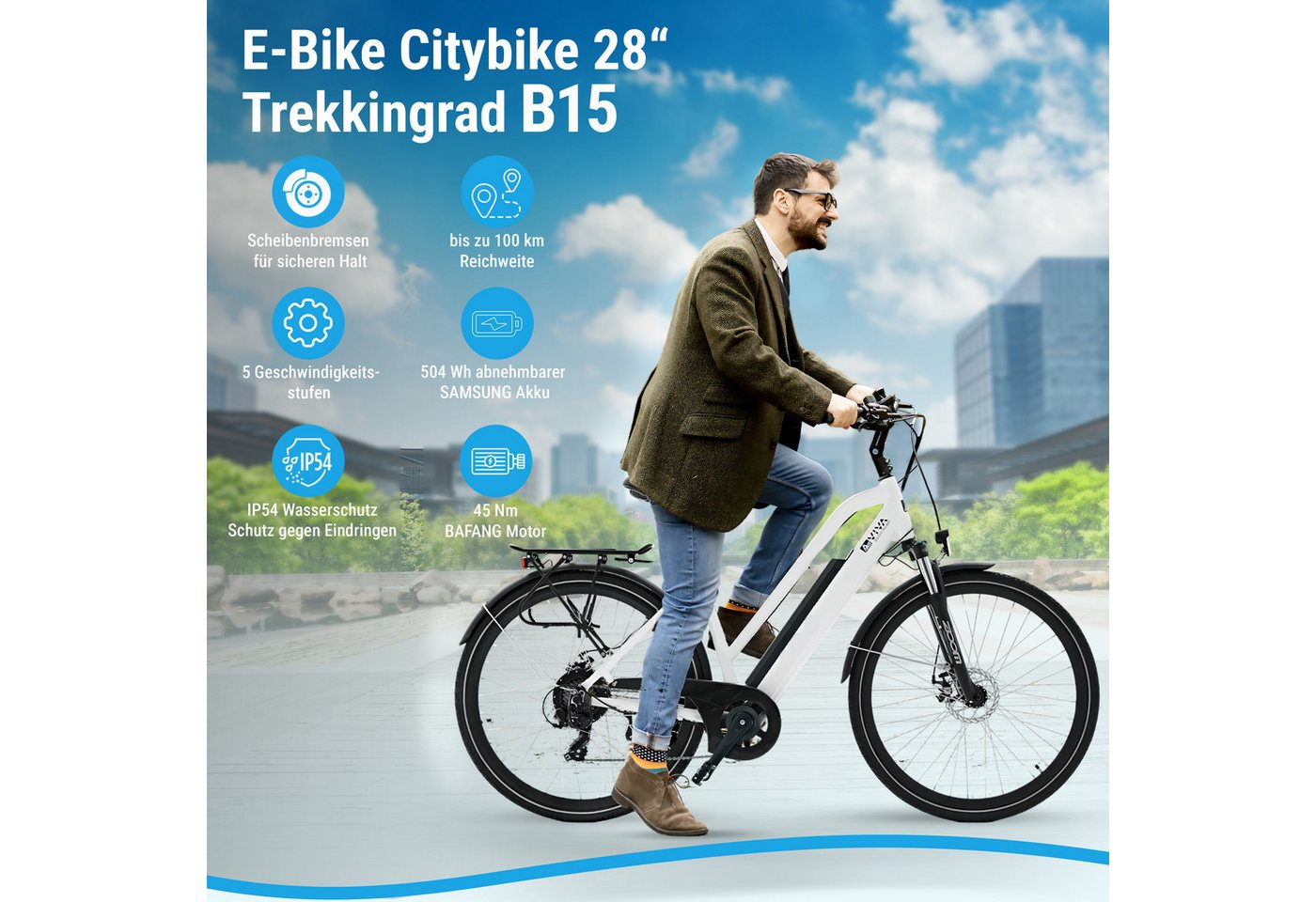 Thumbnail - AsVIVA E-Bike Trekkingrad, Cityrad B15 28 Zoll, 7 Gang Shimano Shimano Tourney / SIS RevoShift Schaltwerk, Kettenschaltu...