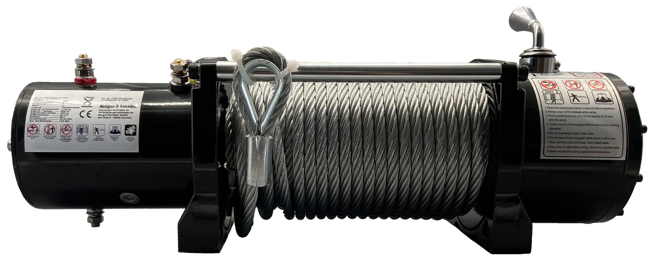 Berger & Schröter Seilwinde Profi 12 V, 5900/11800 kg Stahlseil, Mit Rollenfenster und Funkfernbedienung