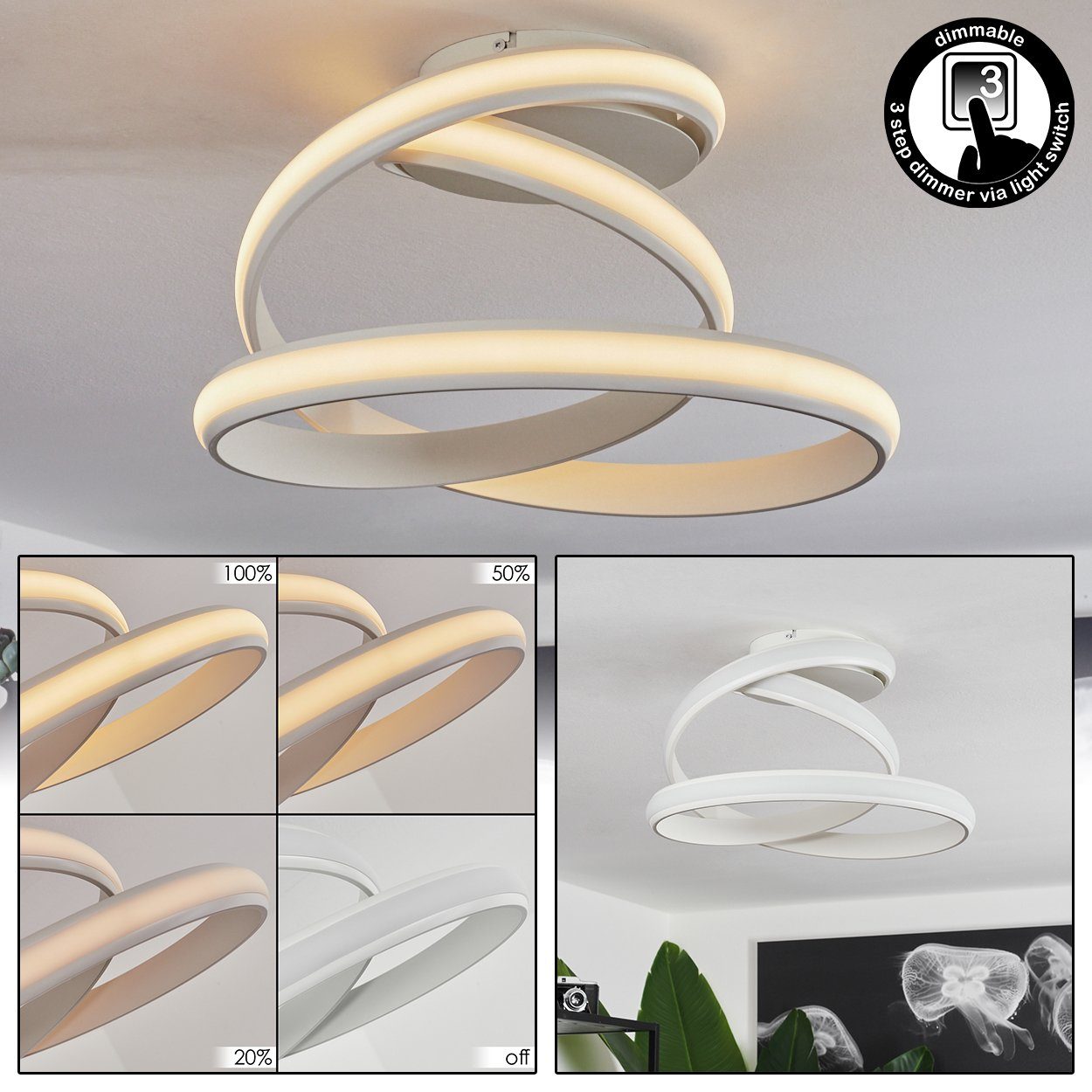 hofstein Deckenleuchte »»Tormini«, geschwungene Deckenlampe aus  Metall/Kunststoff in Weiß, Leuchte dimmbar über herkömmlichen  Lichtschalter, (40 cm), LED 32 Watt, 2100 Lumen, 3000 Kelvin«