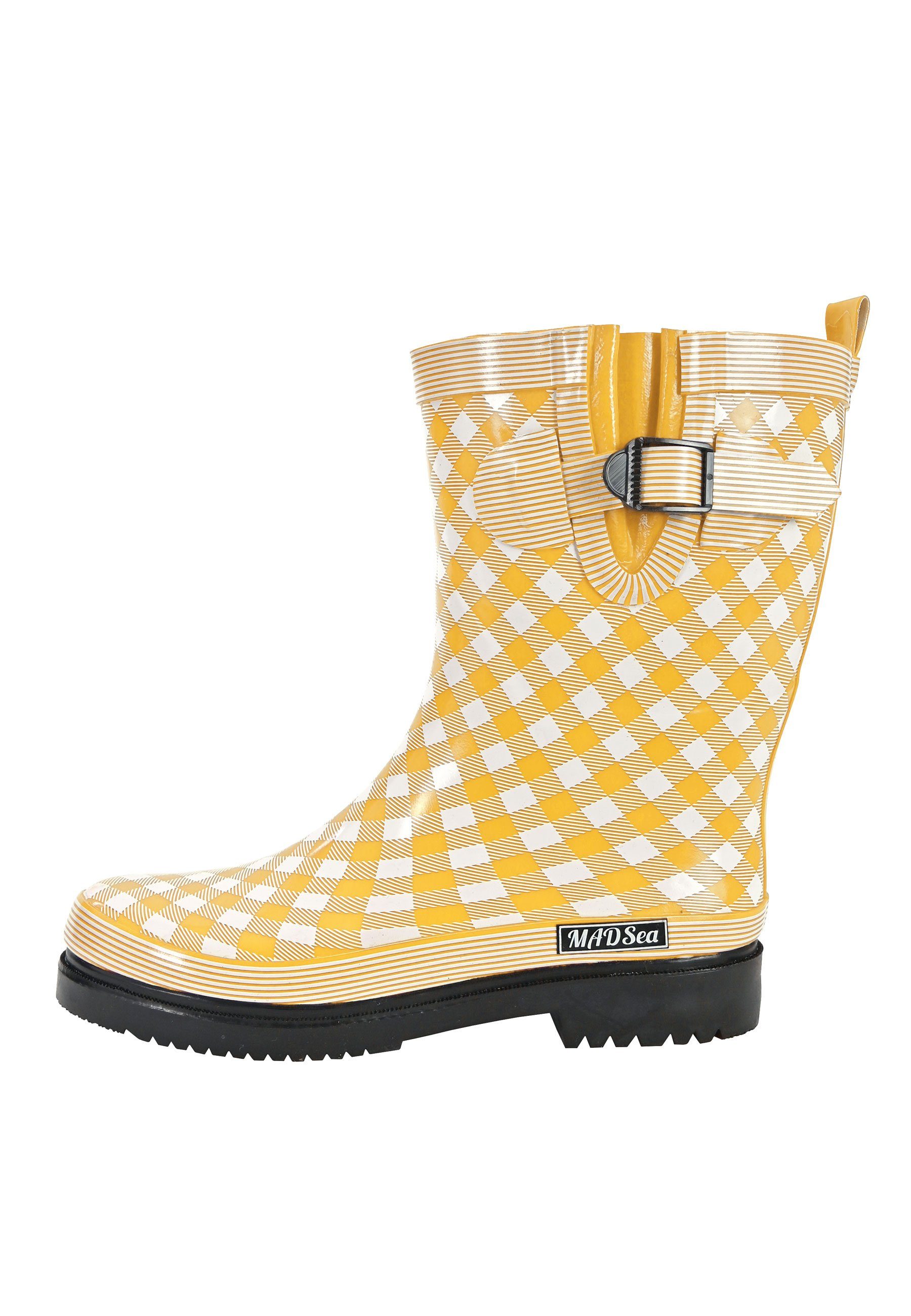 MADSea Checkered Gummistiefel gelb karierter Stiefel mit Deko-Schnalle