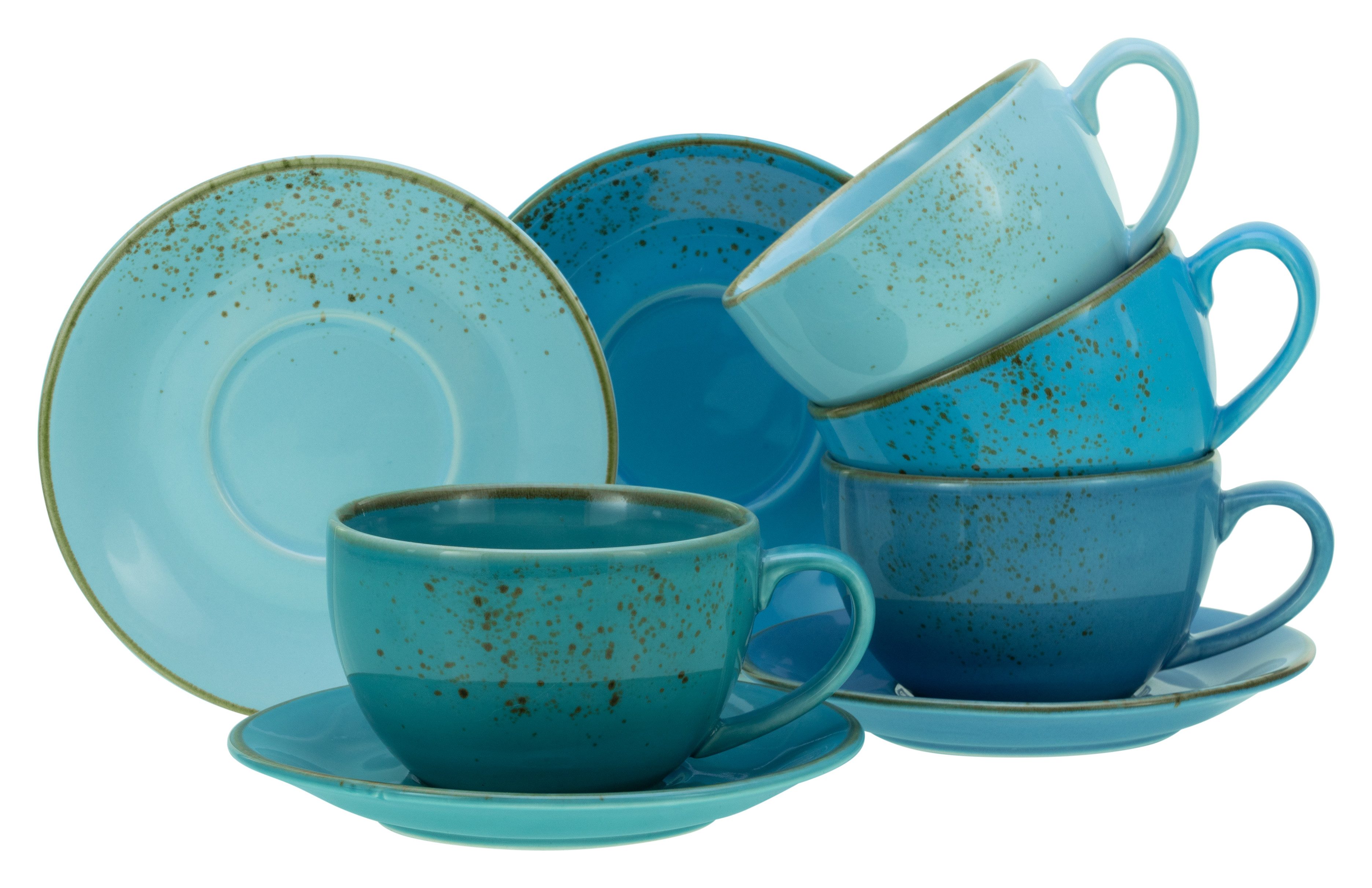 CreaTable Cappuccinotasse Kaffeetasse NATURE COLLECTION Aqua, 8-tlg., Steinzeug, Tassen Set, aktuelle Blautöne mit Sprenkel, 4 Tassen, 4 Untertassen