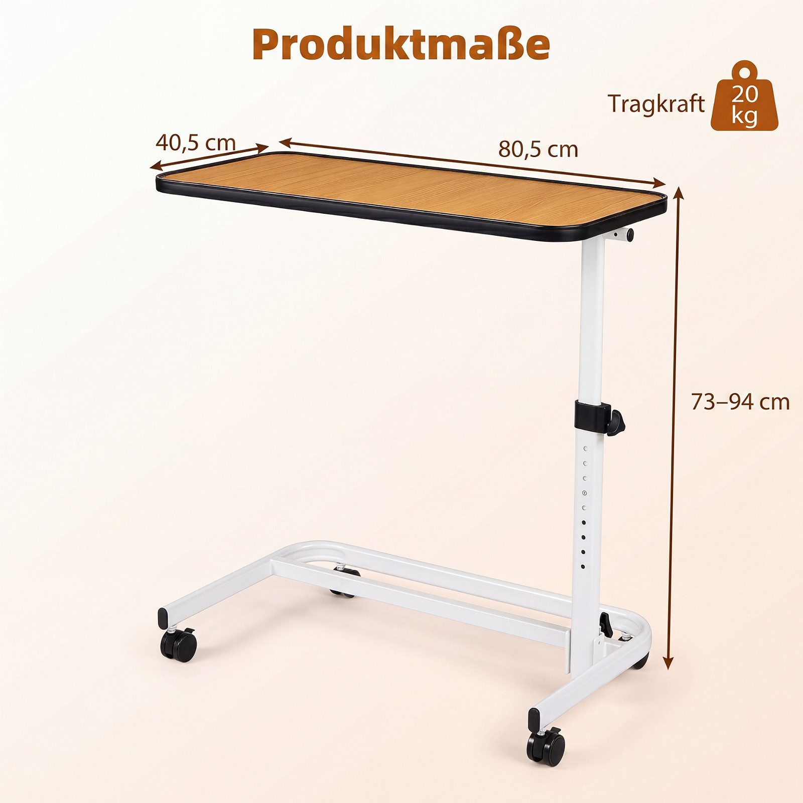 COSTWAY Beistelltisch (1-St), mobiler Betttisch auf Rollen, Sofatisch, 9 fach höhenverstellbar