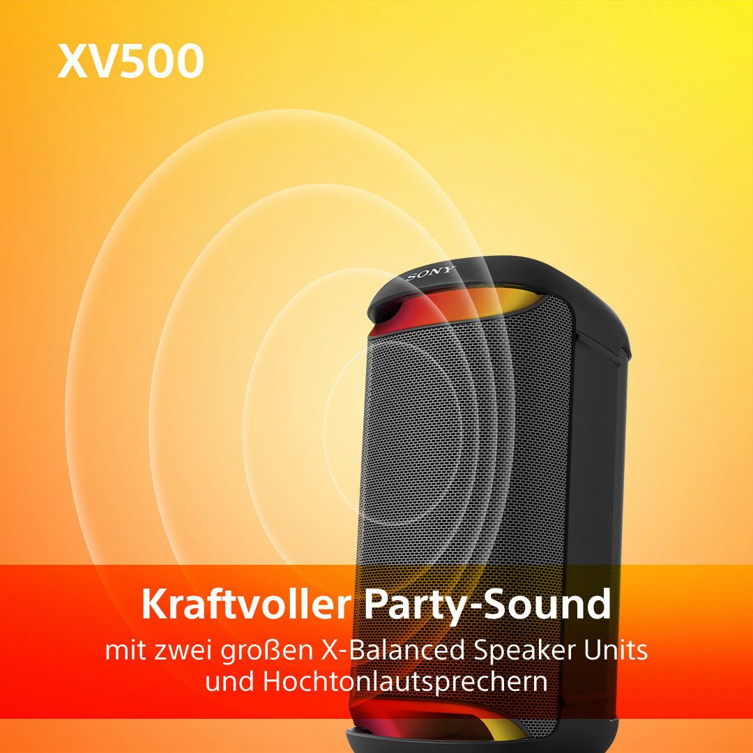 Sony SRS-XV500 Party-Lautsprecher (A2DP Bluetooth, AVRCP Bluetooth, 25 Std. Akku, tragbar, für drinnen + draußen, IPX4-Bewertung)