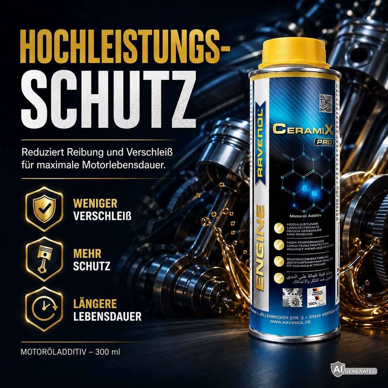 Ravenol Öl-Additiv CeramiX-Pro 300 ml Keramik Motoröladditiv mit hBN Verschleißschutz, 0,3 l, Keramik-Motoröladditiv mit hBN für Reibungs- & Verschleißschutz – Bild 2 von 5