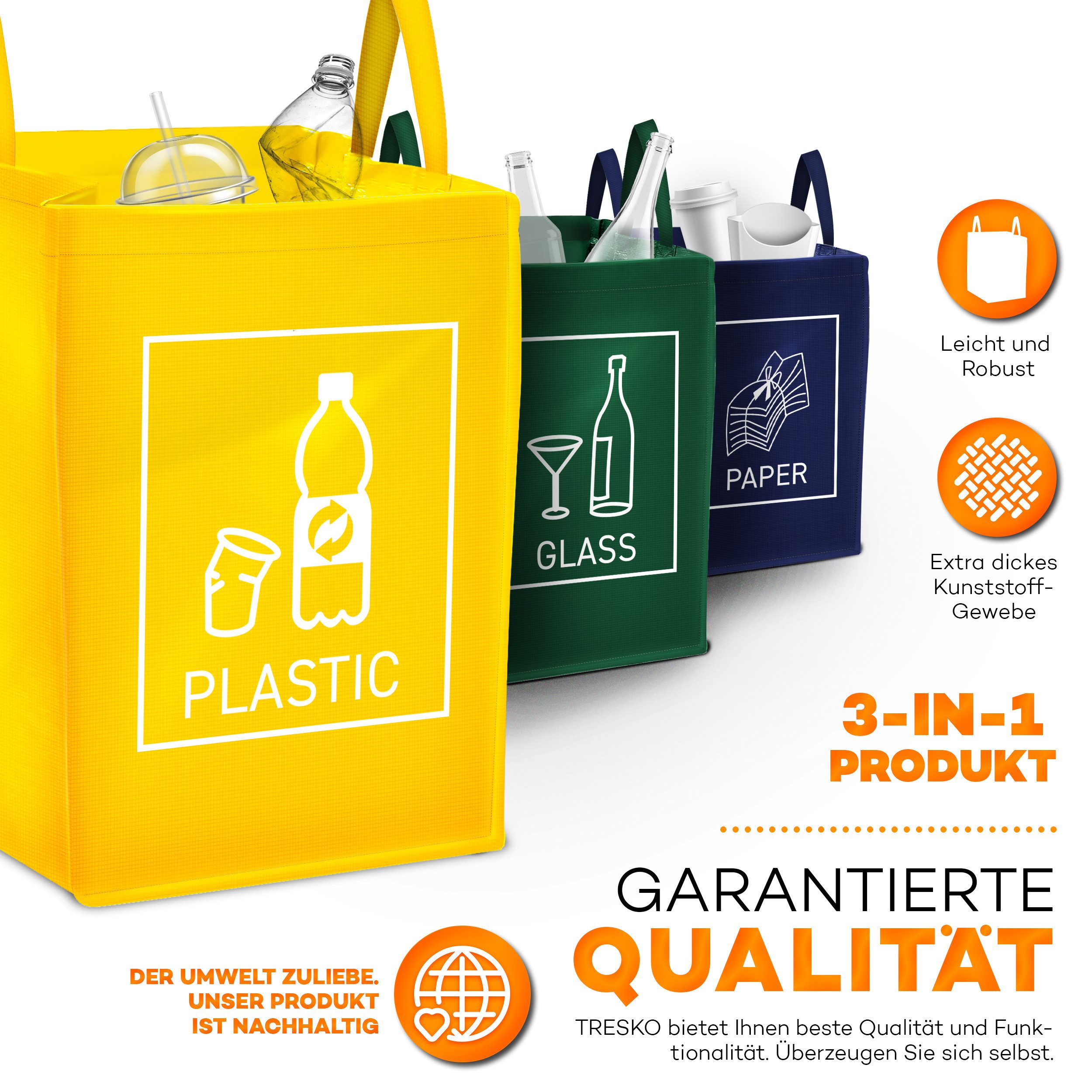 TRESKO Mülltrennsystem 3er Set Recycling Englisch Mülltrenner Mülleimer Trennsystem – Bild 4 von 5
