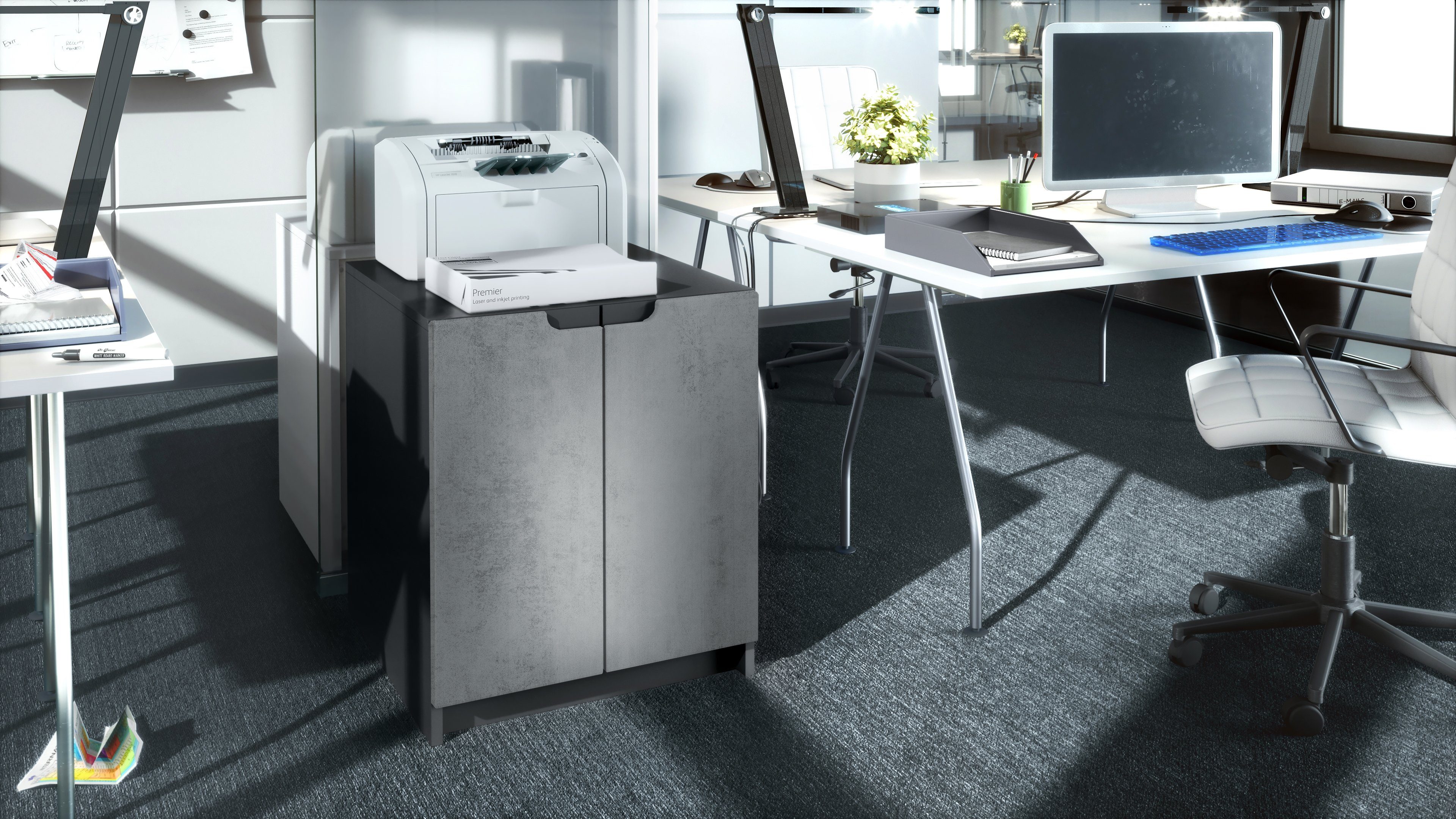 Vladon Kommode Logan (Aktenschrank, mit 2 Fächern und 2 Türen), Schwarz matt/Beton Dunkel Optik, (51 x 60,5 x 54 cm)