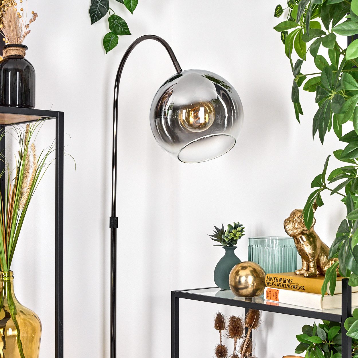 hofstein Bogenlampe Stehlampe aus Metall/Glas in Schwarz/Chrom-/Rauchfarben/Klar, verstellbare Stehleuchte im Retro-Design, Fußschalter, 140 cm, E27