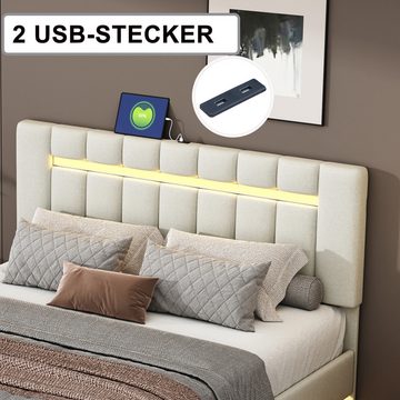 IDEASY Bettgestell Polsterbett 140 x 200 cm, gepolsterter Schwebebettrahmen, (LED-Licht mit 16 wechselnden Lichtfarben), Design mit versteckten Bettfüßen