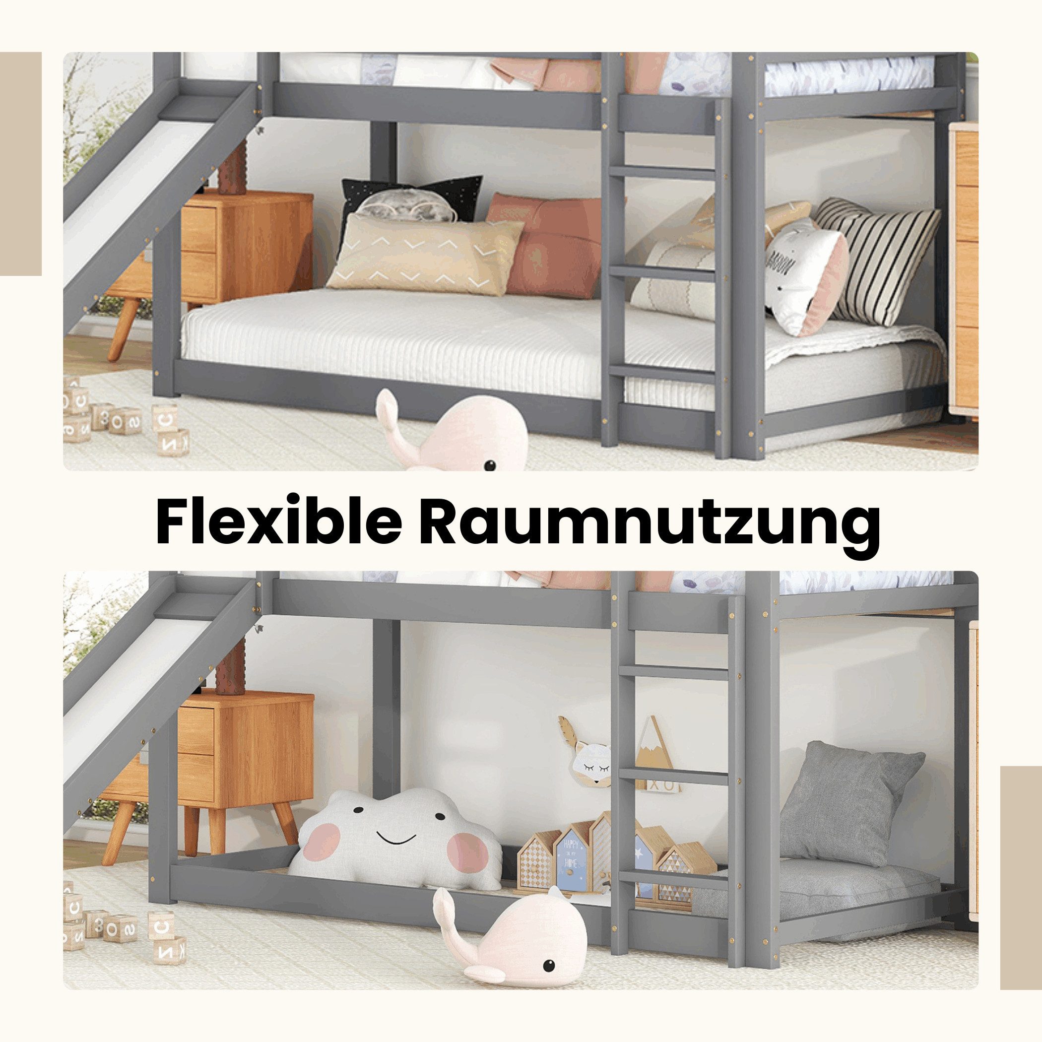 SeedWave Hochbett Holzbett mit Kinderrutsche und Dreistufige Treppe, Kinderbett Etagenbett aus Kiefernholz, 204x95x118 cm