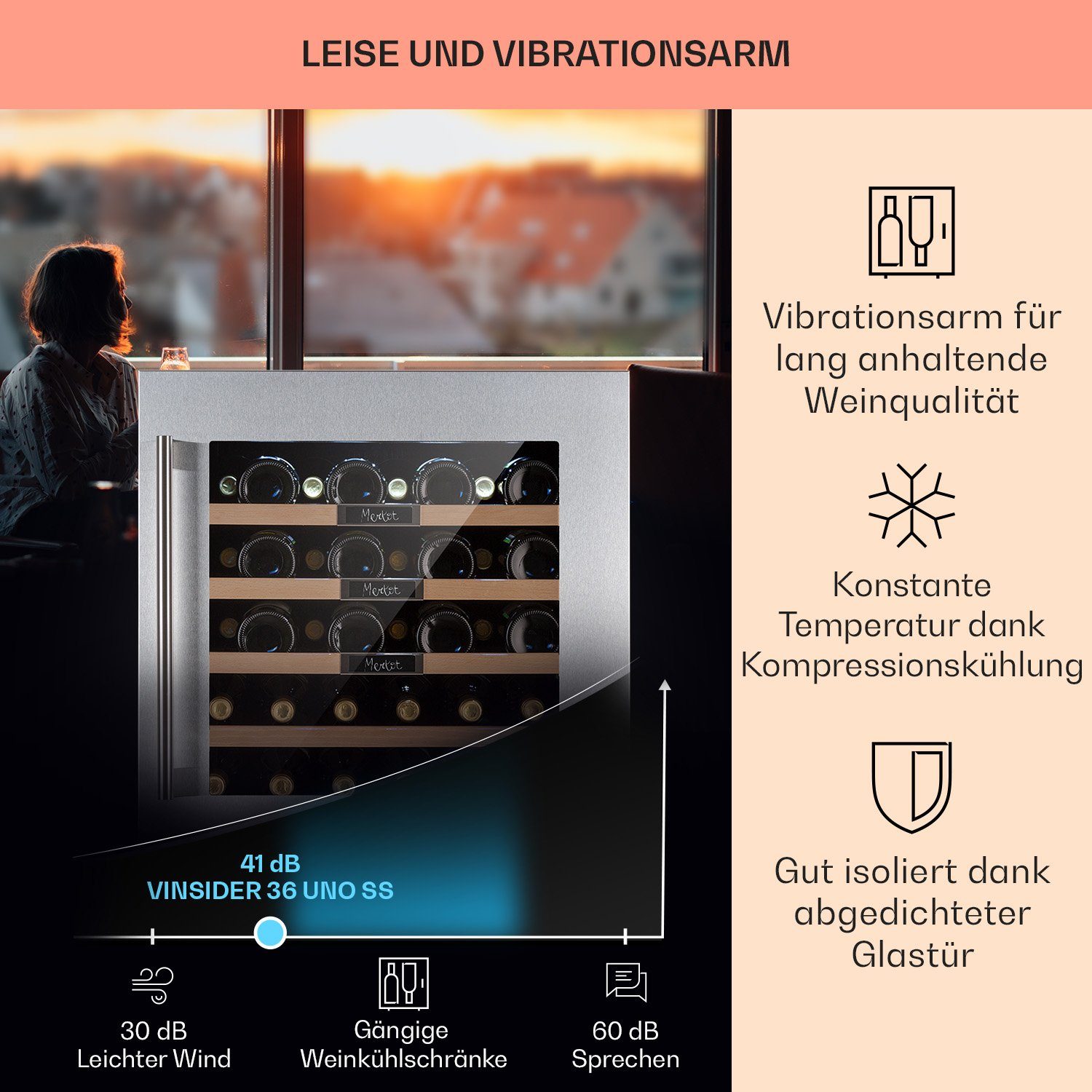 Vinsider | á 0,75l Weinkühlschrank Uno, 36 36 für Standardflaschen Built-In Edelstahl Klarstein Edelstahl