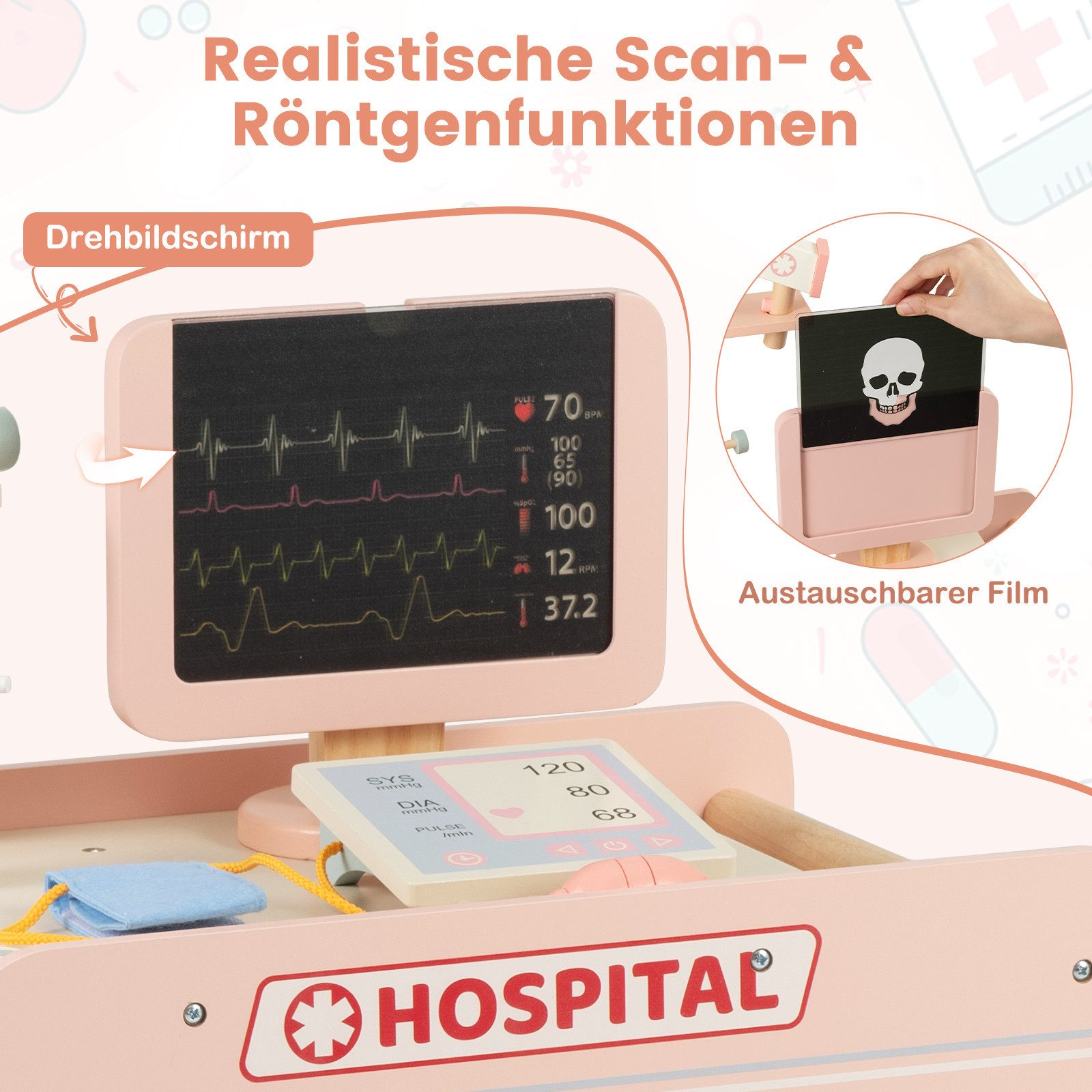 COSTWAY Spielzeug-Arztkoffer, mobiles medizinische Spielzeug mit CT-Maschine & Stethoskop