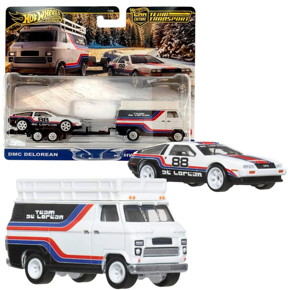 Hot Wheels Spielzeug-Rennwagen DMC DeLorean + HW Rally Hauler Hot Wheels Team Transport Fahrzeuge