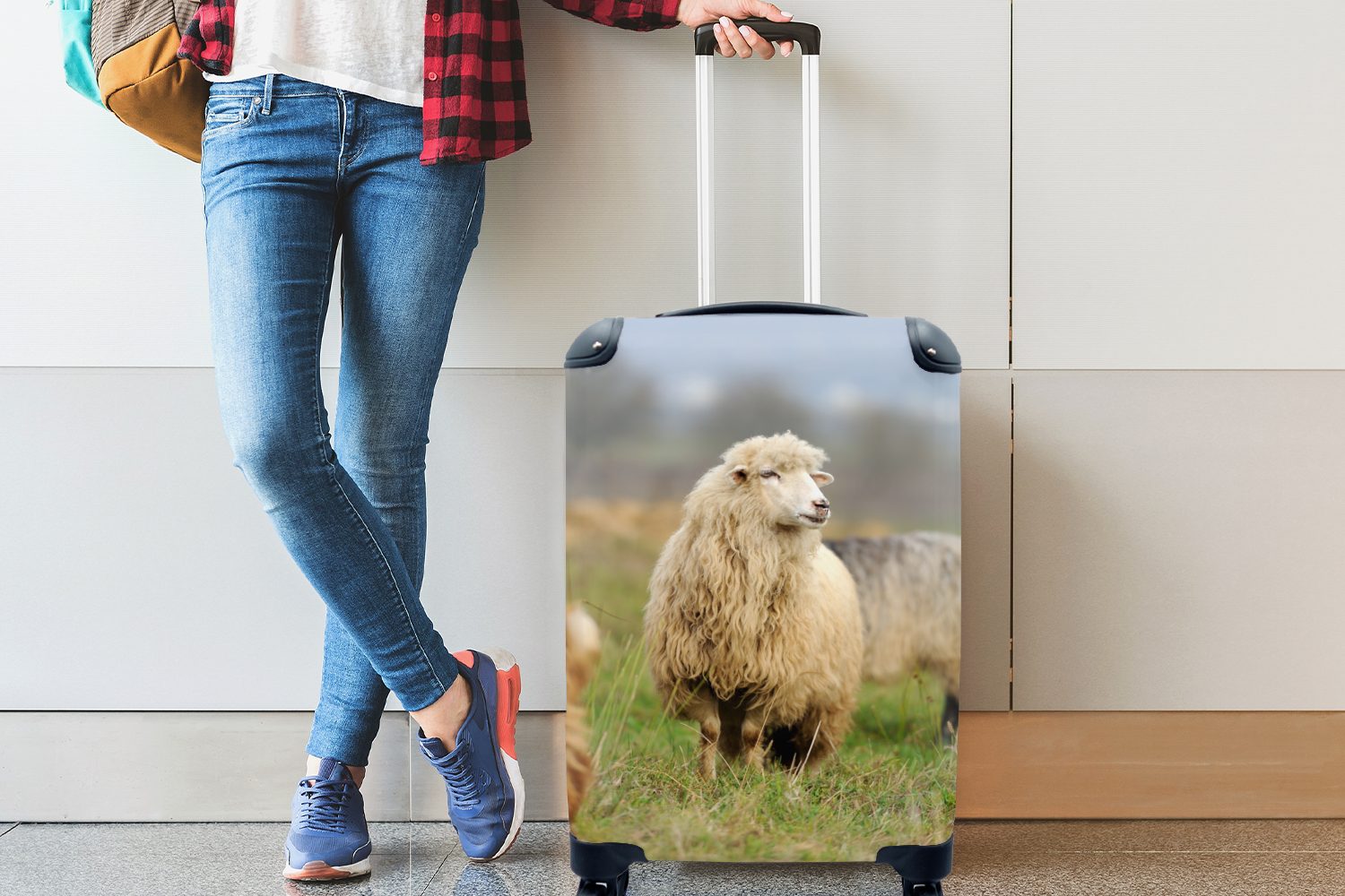 Schafe Reisetasche Handgepäckkoffer Rollen, Reisekoffer MuchoWow für mit Handgepäck 4 Ferien, Trolley, Wolle - rollen, Gras, -