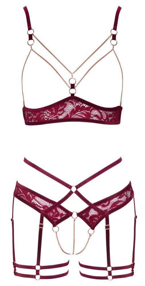 Abierta Fina Set: Bügelloser BH Dessous-Set: BH und Slip mit Ketten aus Spitze - rot (2-tlg) dunkelrote Spitze und roségoldfarbenen Accessoires