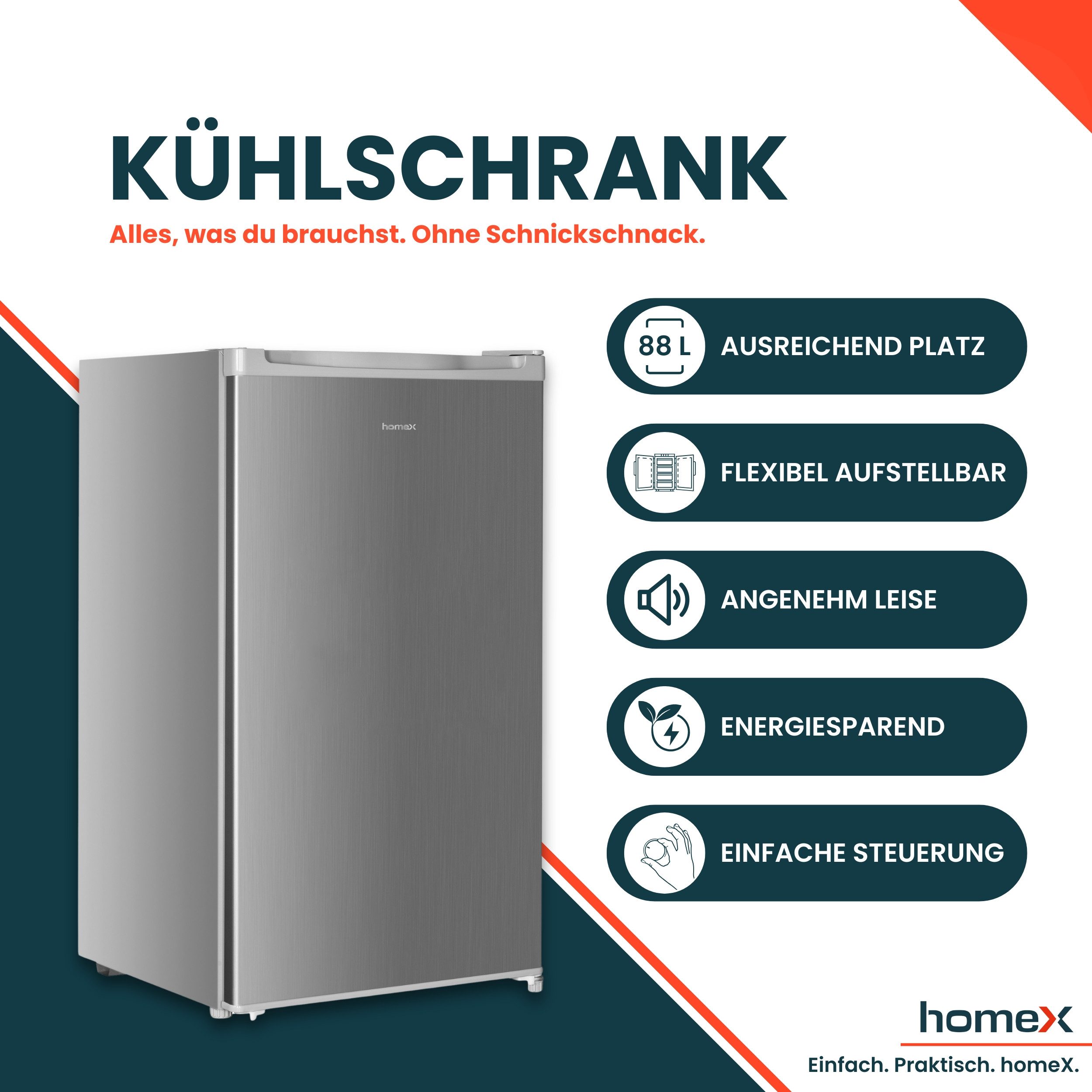 homeX Kühlschrank CS1016-S, 85 cm hoch, 47.5 cm breit, 88 Liter, Tischkühlschrank ohne Gefrierfach, klein, freistehend, leise