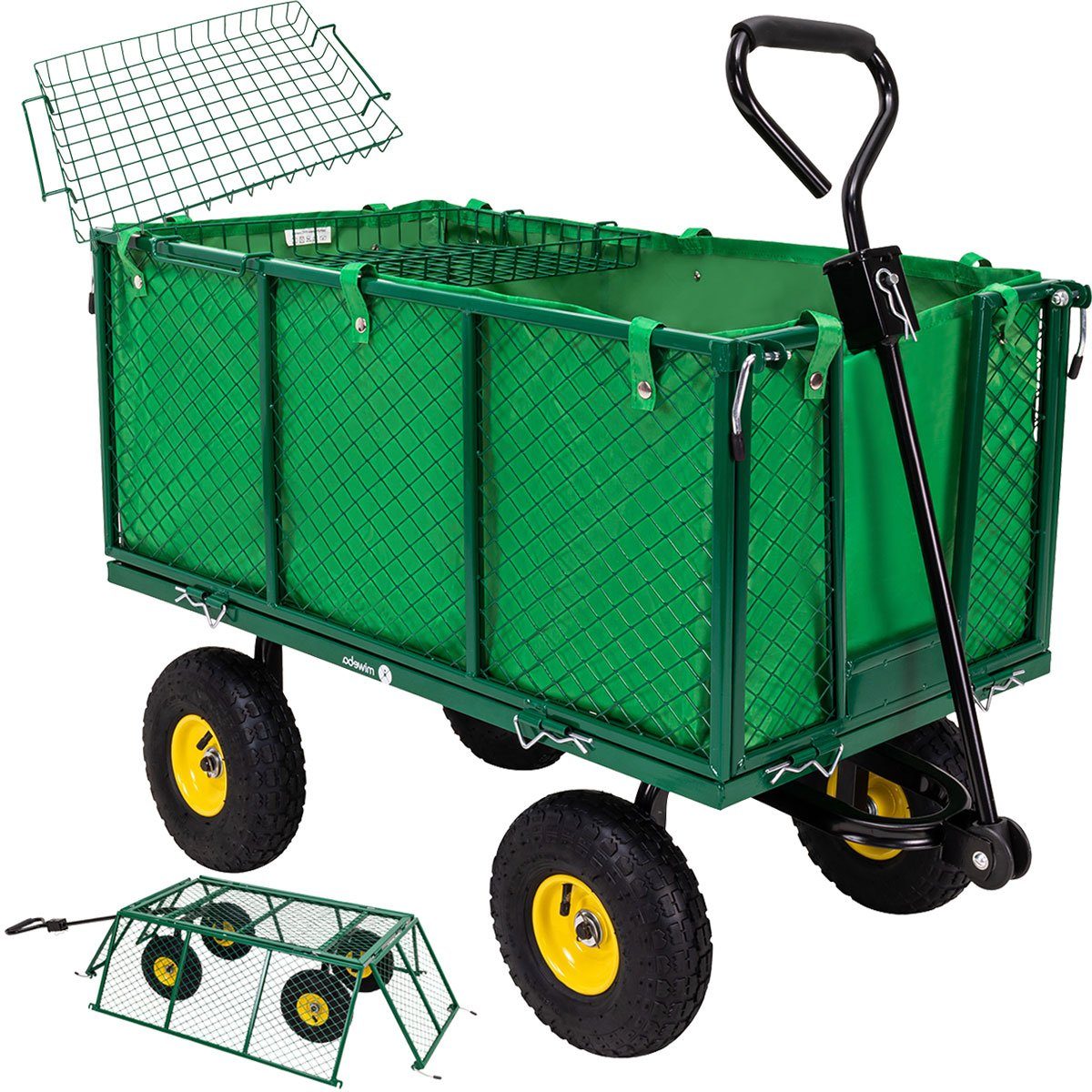 miweba Bollerwagen Gartenwagen Transportkarre MB-550 (deichselgeführte Lenkachse, Anhängerfunktion, Bordwände klapp- und abnehmbar, Luftreifen, 1-tlg., 550 KG Traglast - 190 L Volumen - Klappbare Wände - Kippbar), Transportwagen - Gartenkarre- Gartenwagen - Schubkarre