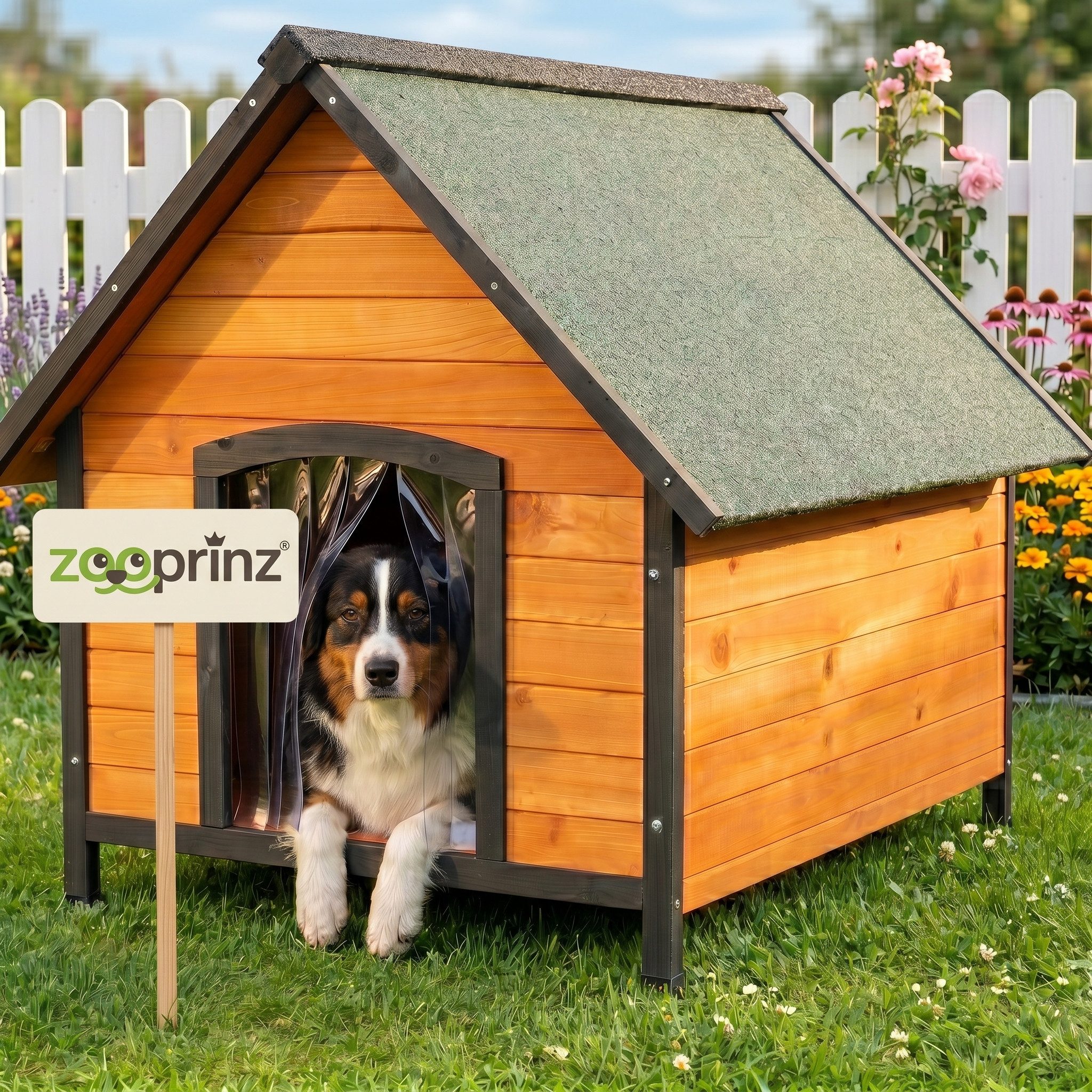 Zooprinz Hundehütte Luna mit Klappdach und Lamellen, Bitumenbahnen, wetterfest lasiertes Kiefernholz, für mittelgroße Hunde