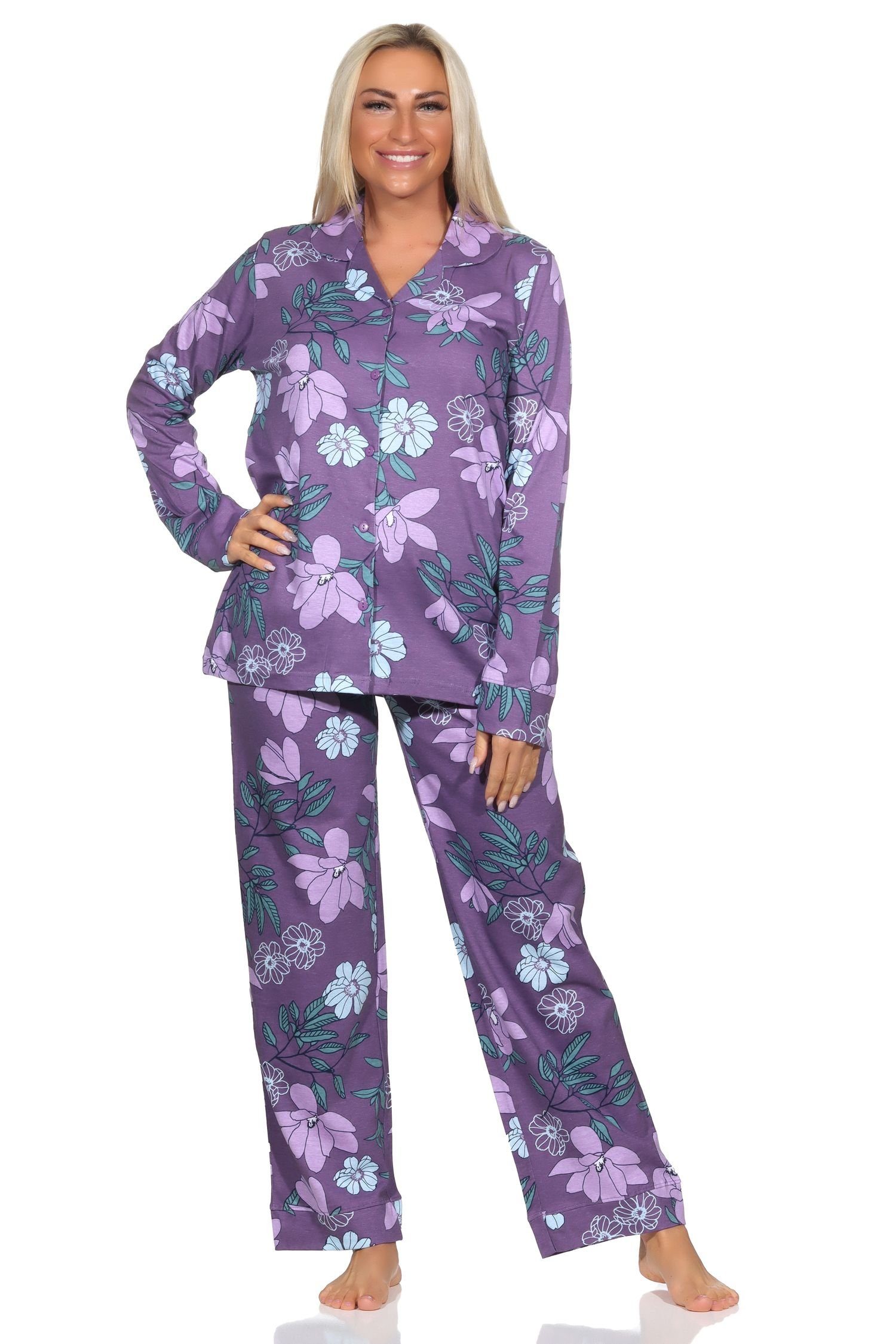 Normann Damen Pyjama-Set Lang Mit Floralem Muster – Weicher Schlafanzug Aus Baumwolle/Polyester