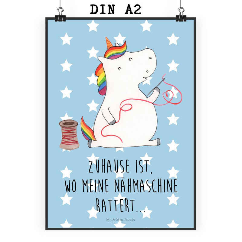 Mr. & Mrs. Panda Poster DIN A2 Einhorn Näherin - Blau Pastell - Geschenk, Einhorn Deko, Wandd, Einhorn Näherin (1 St)