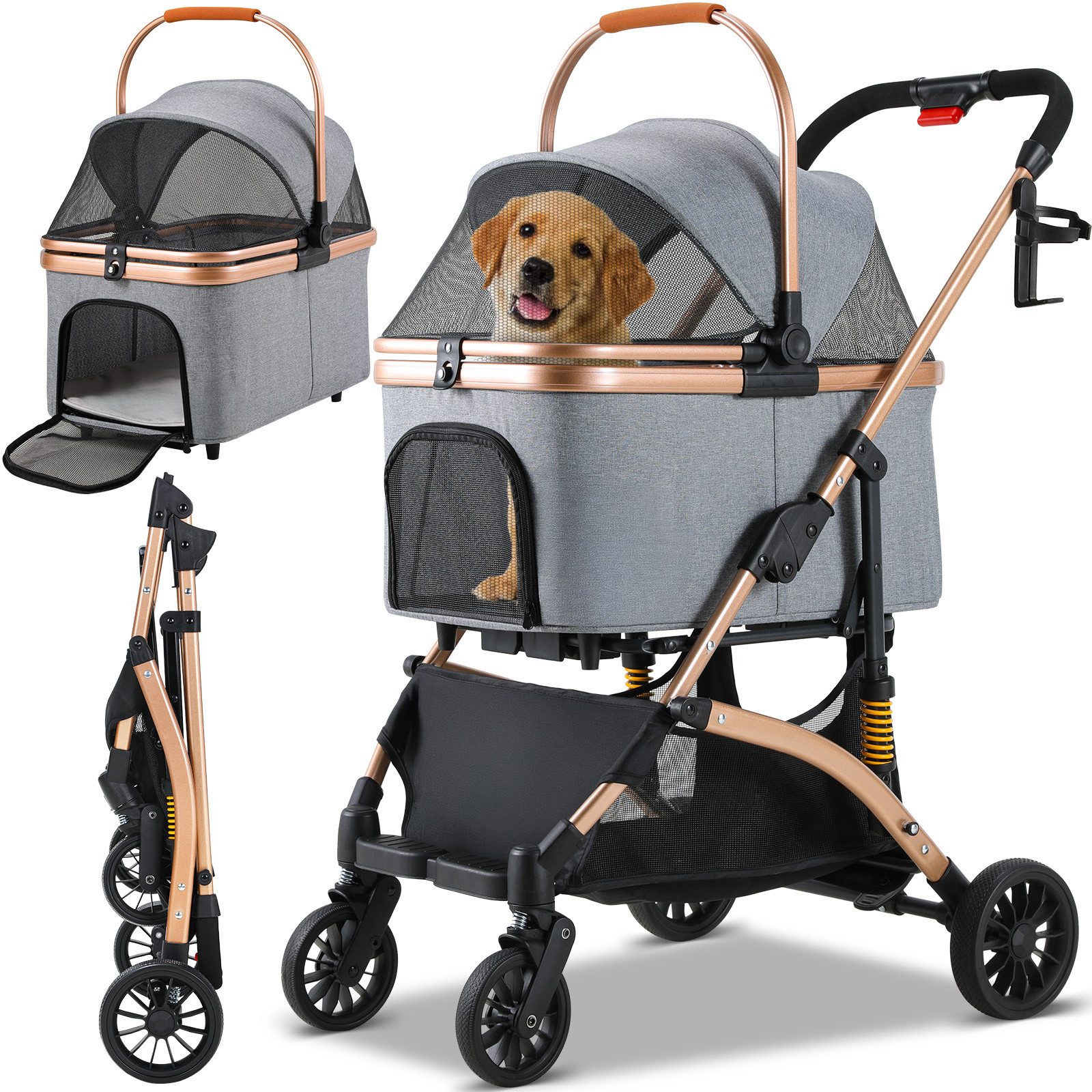 TLGREEN Hundebuggy klappbar, Leichtes Aluminium Gestell und atmungsaktives Mesh, (Hundewagen, Stoßfest & platzsparend für kleine Hunde/Katzen), Ideal für Reisen, Spaziergänge und Tierarztbesuche