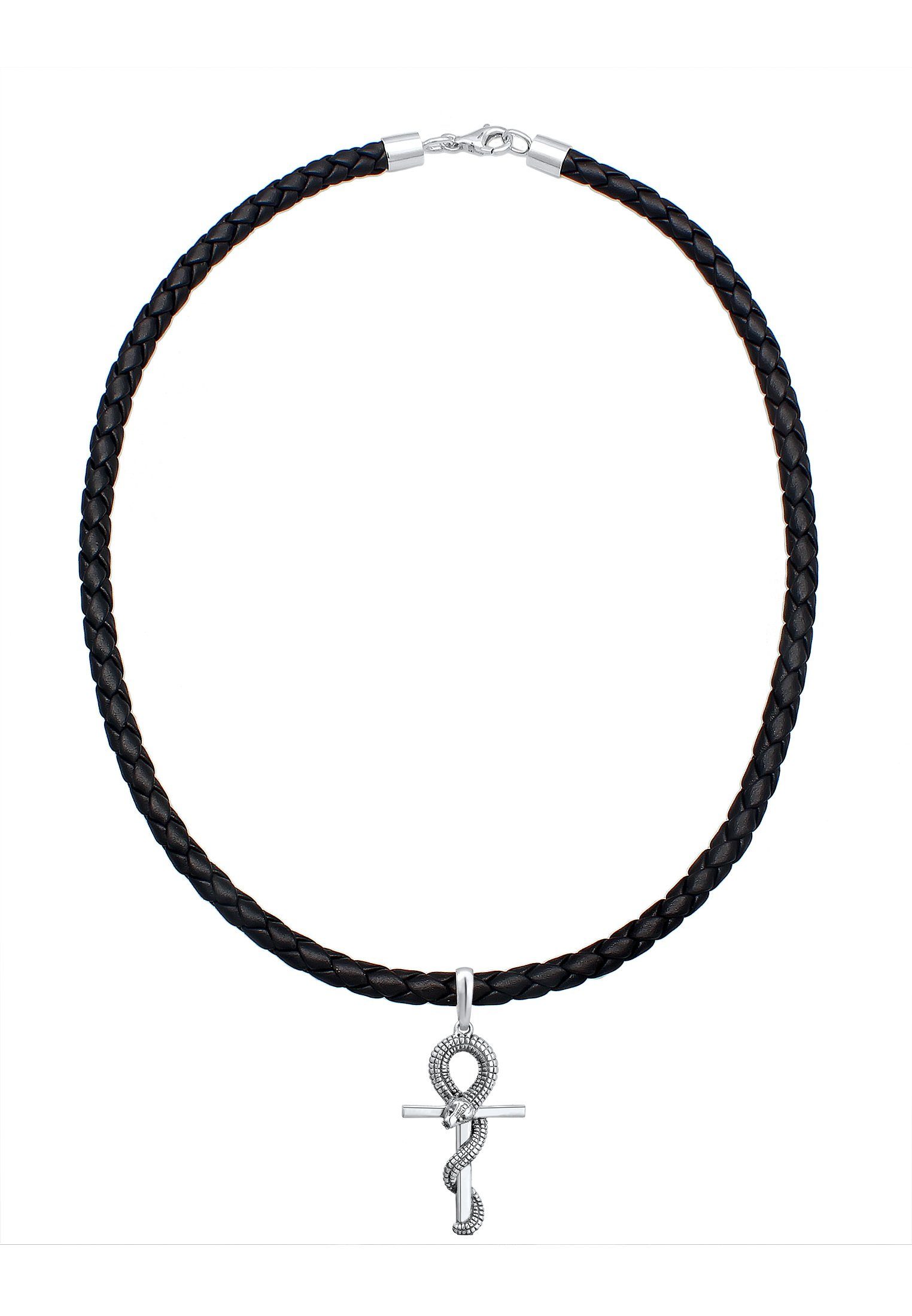 Kuzzoi Kette mit Anhänger Herren Kreuz Schlange Leder Oxidiert 925 Silber