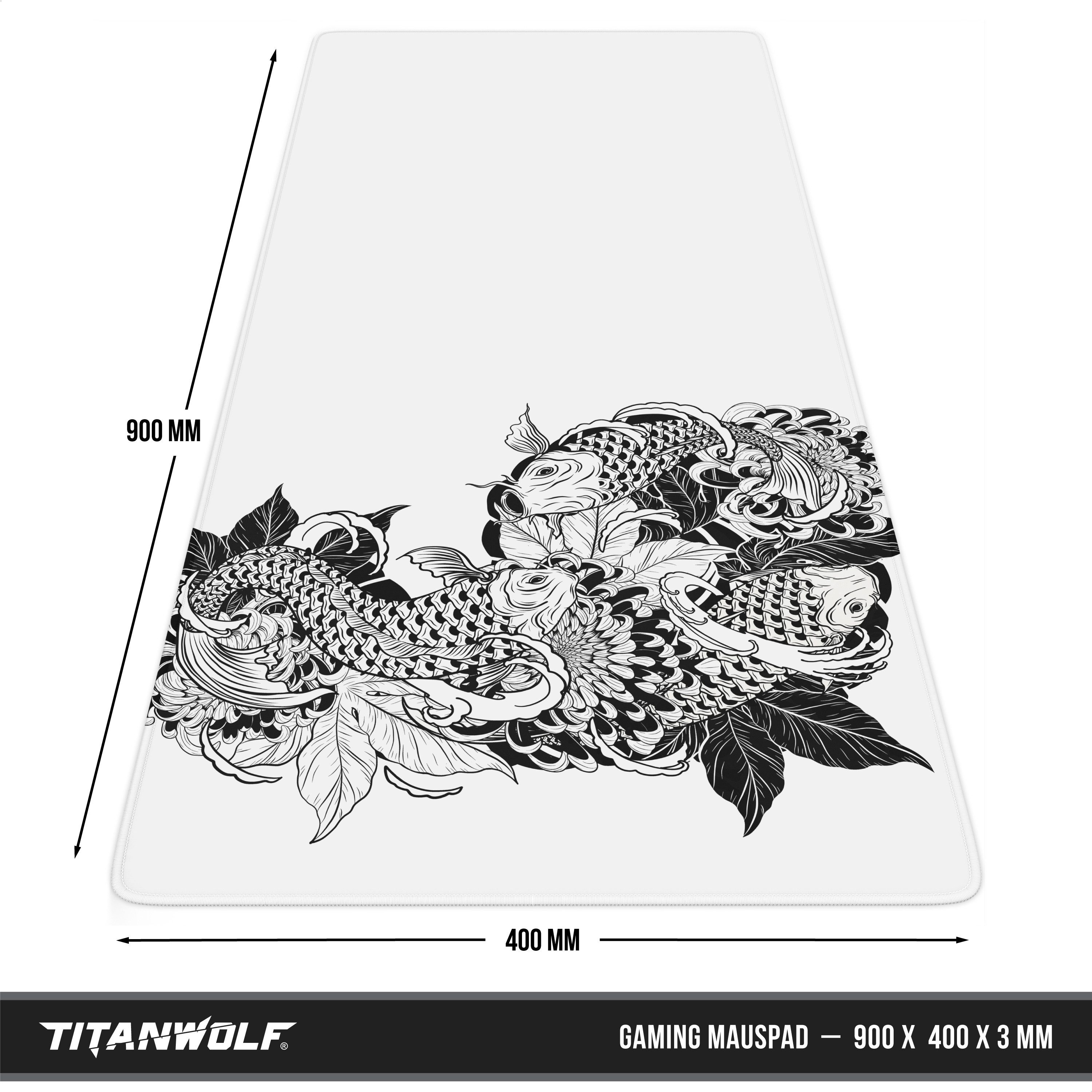 Titanwolf Gaming Mauspad XXL Speed Mousepad 900 x 400 x 3 mm, Schreibtischauflage, abwaschbar, rutschfeste Rückseite, Geschwindigkeit & Präzision, Koi Tattoo 3 White