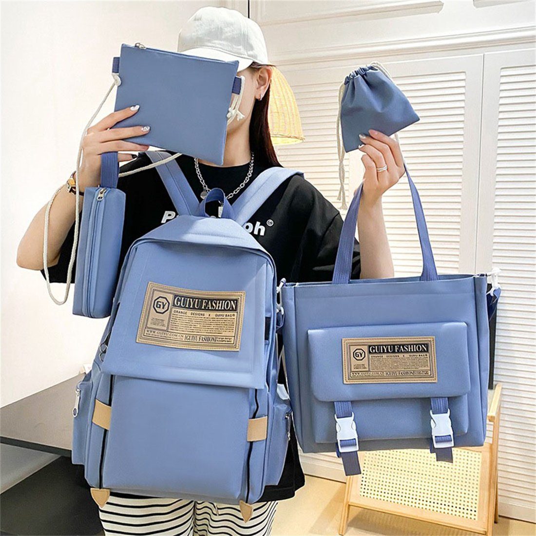 DÖRÖY Schulrucksack Student Rucksack, große Schultasche Casual Kapazität 5er-Set Canvas blau