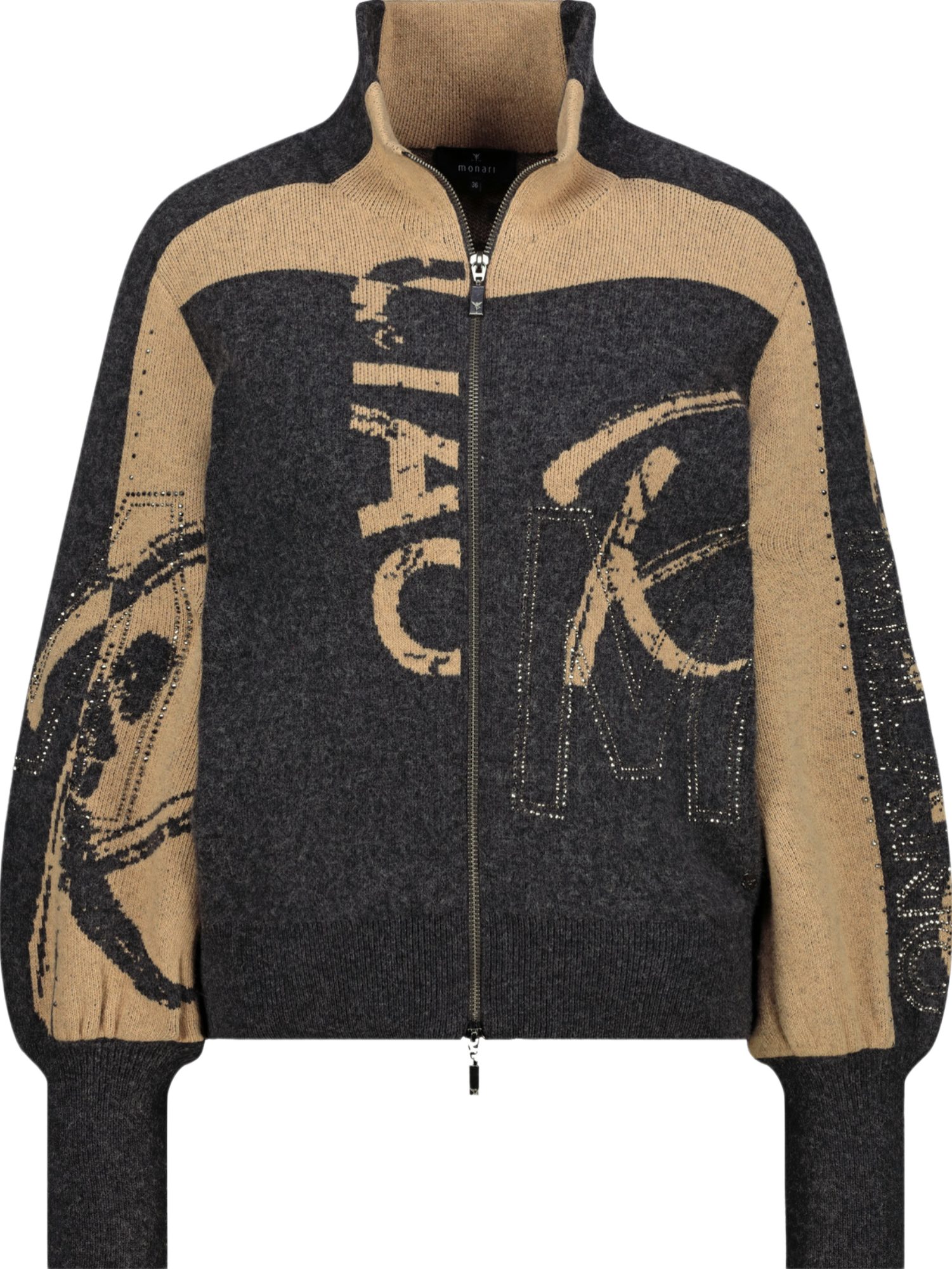 Monari Strickjacke grau,Casual,Wolle,Schriftzug,Stehkragen,Lang,Regular Fit