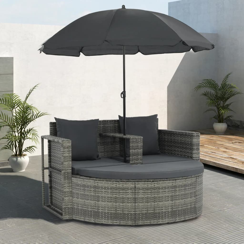 vidaXL Gartenliege Gartenbett mit Sonnenschirm Grau Poly Rattan