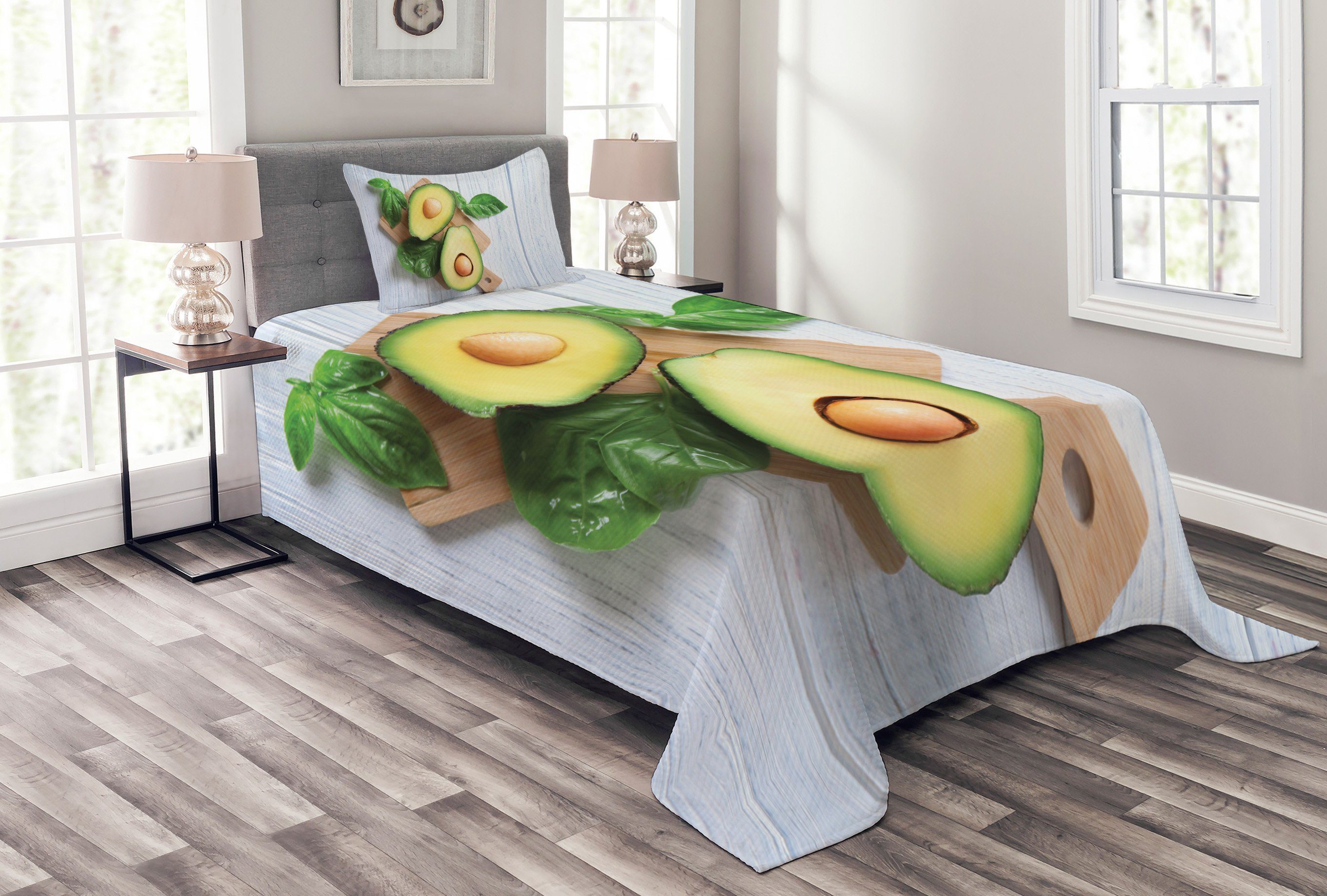 Tagesdecke Set mit Kissenbezügen Waschbar, Abakuhaus, Früchte und Gemüse Avocado Scheibe