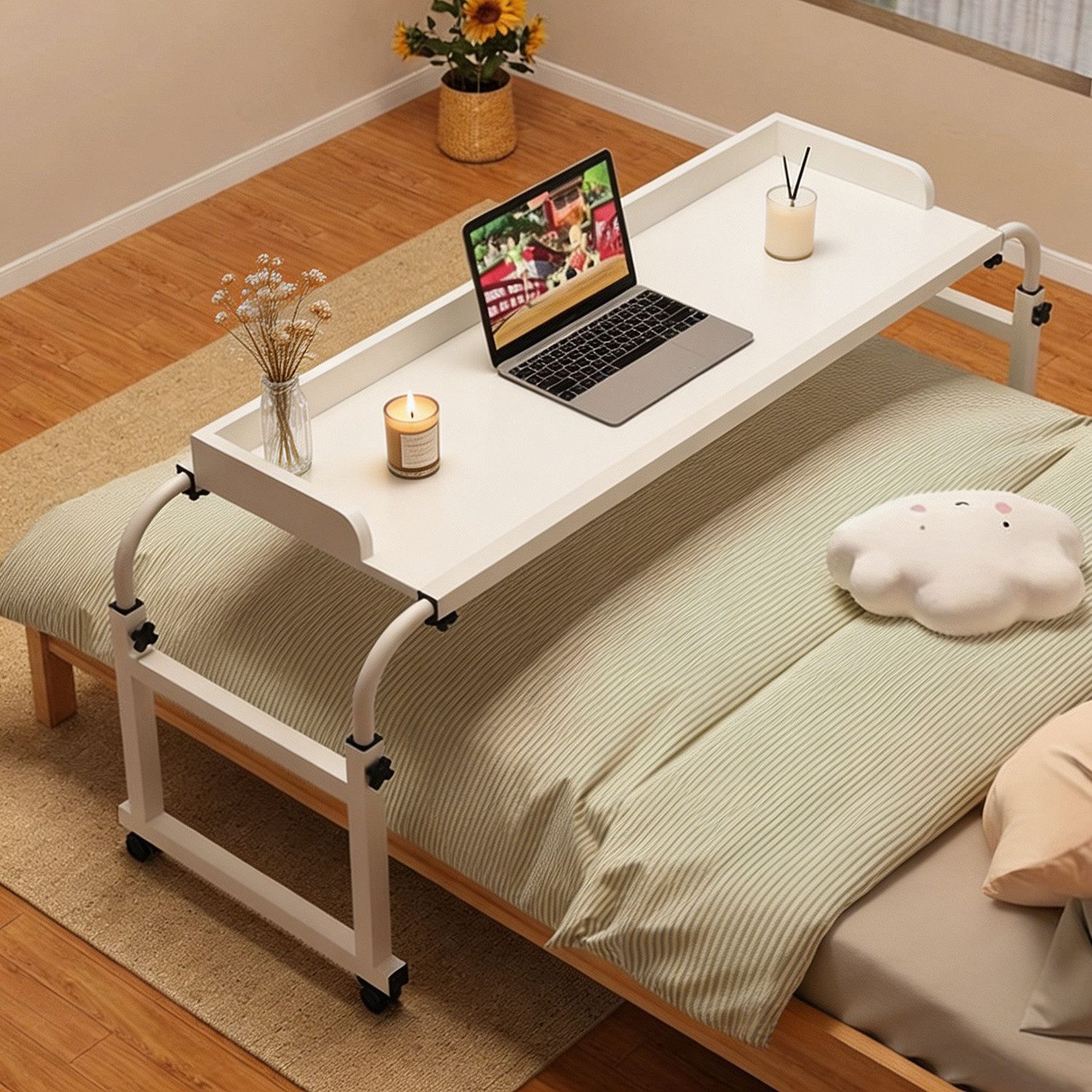 BlingBin Wangentisch Schreibtisch, Ausziehbarer Roll-Mobilität Tisch, Betttisch mit Rollen (1er Set, 1-St., Breite 120-140 cm & Höhe 65-95 cm), Überbettschreibtisch, Computertisch, Steharbeitsplatz, Essenstablett