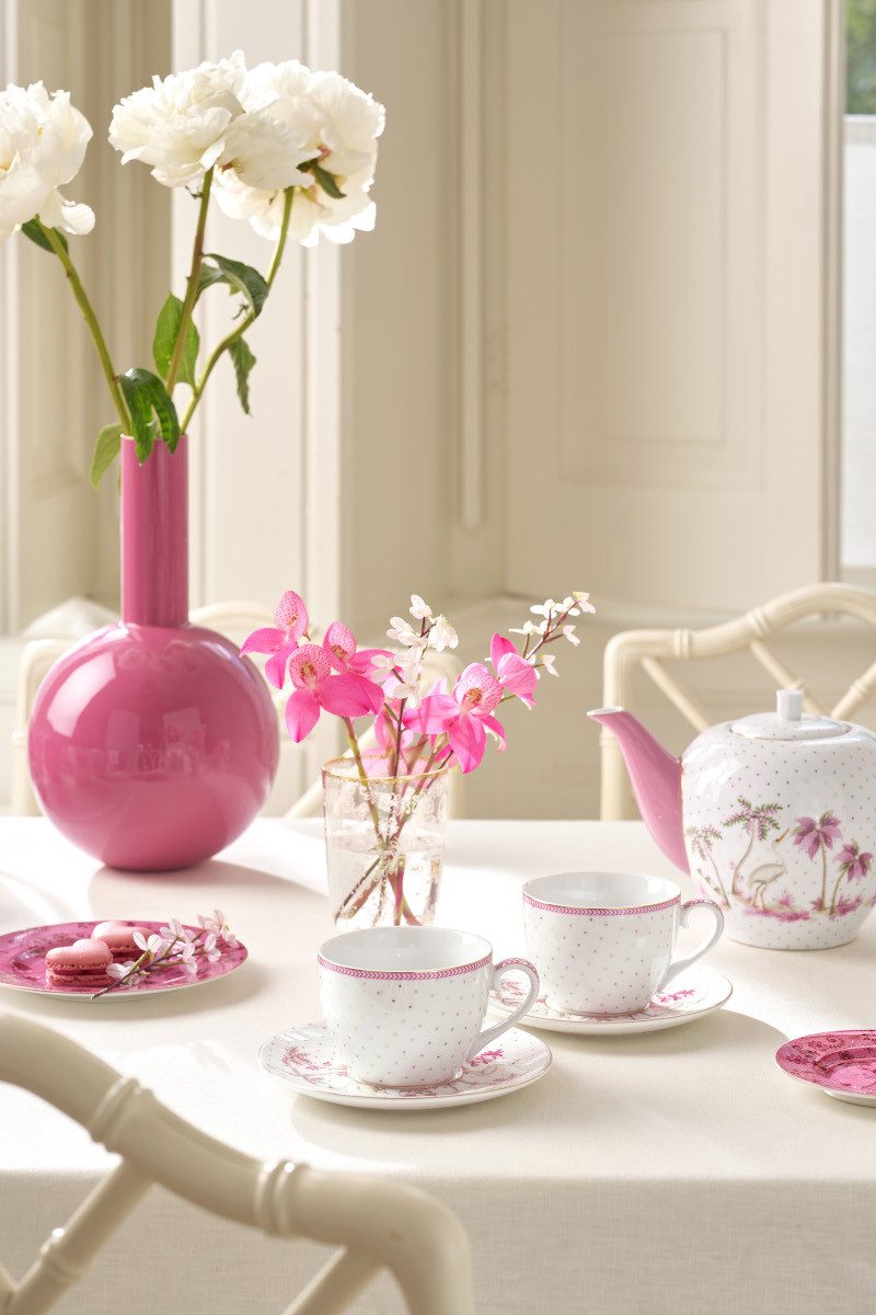 PiP Studio Tasse Jolie Dots Gold Pink Tasse mit Untertasse 280ml Set2, Porzellan