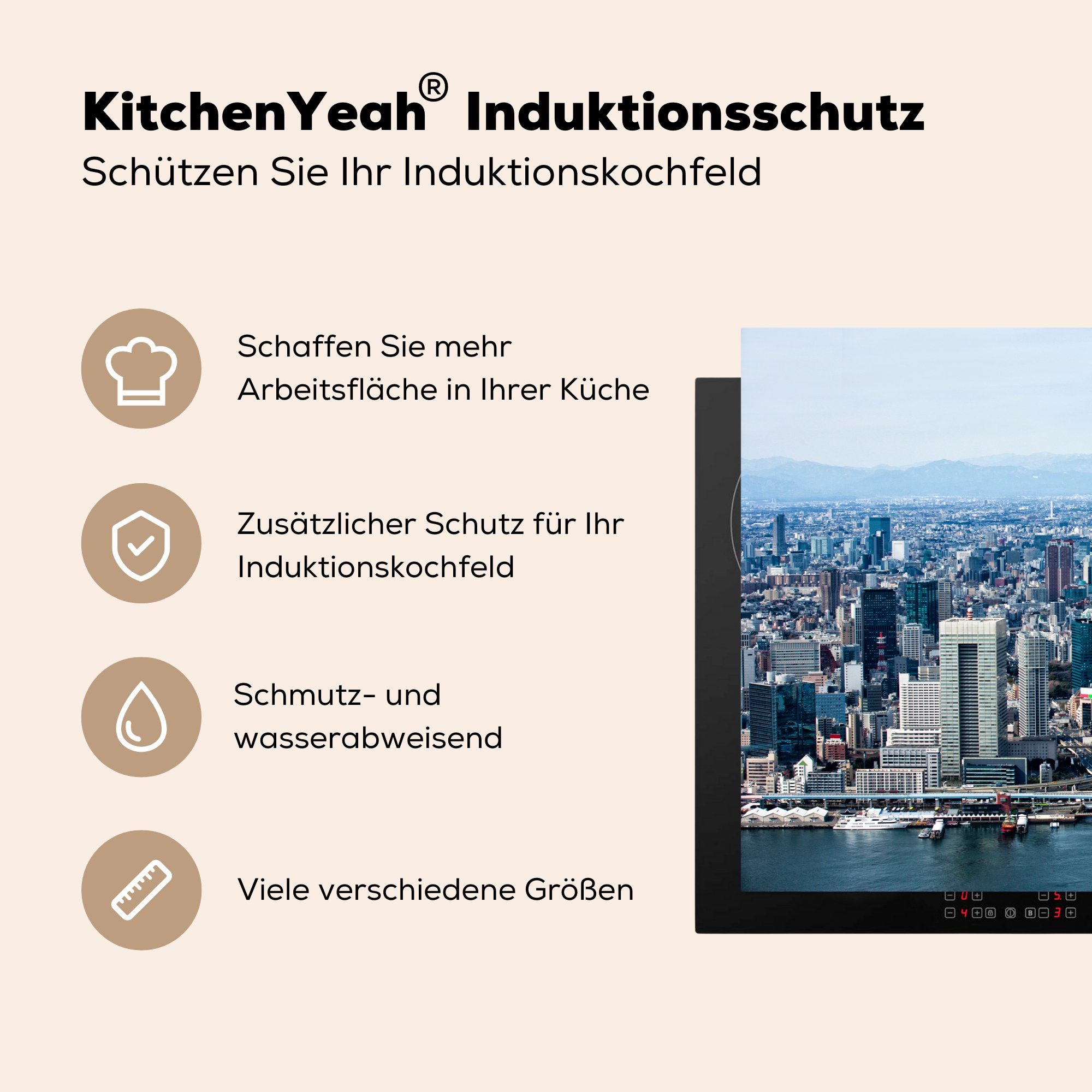 küche, 81x52 Vinyl, Ceranfeldabdeckung die Stadt für Schutz - tlg), - (1 Skyline, MuchoWow Tokio cm, Induktionskochfeld Herdblende-/Abdeckplatte