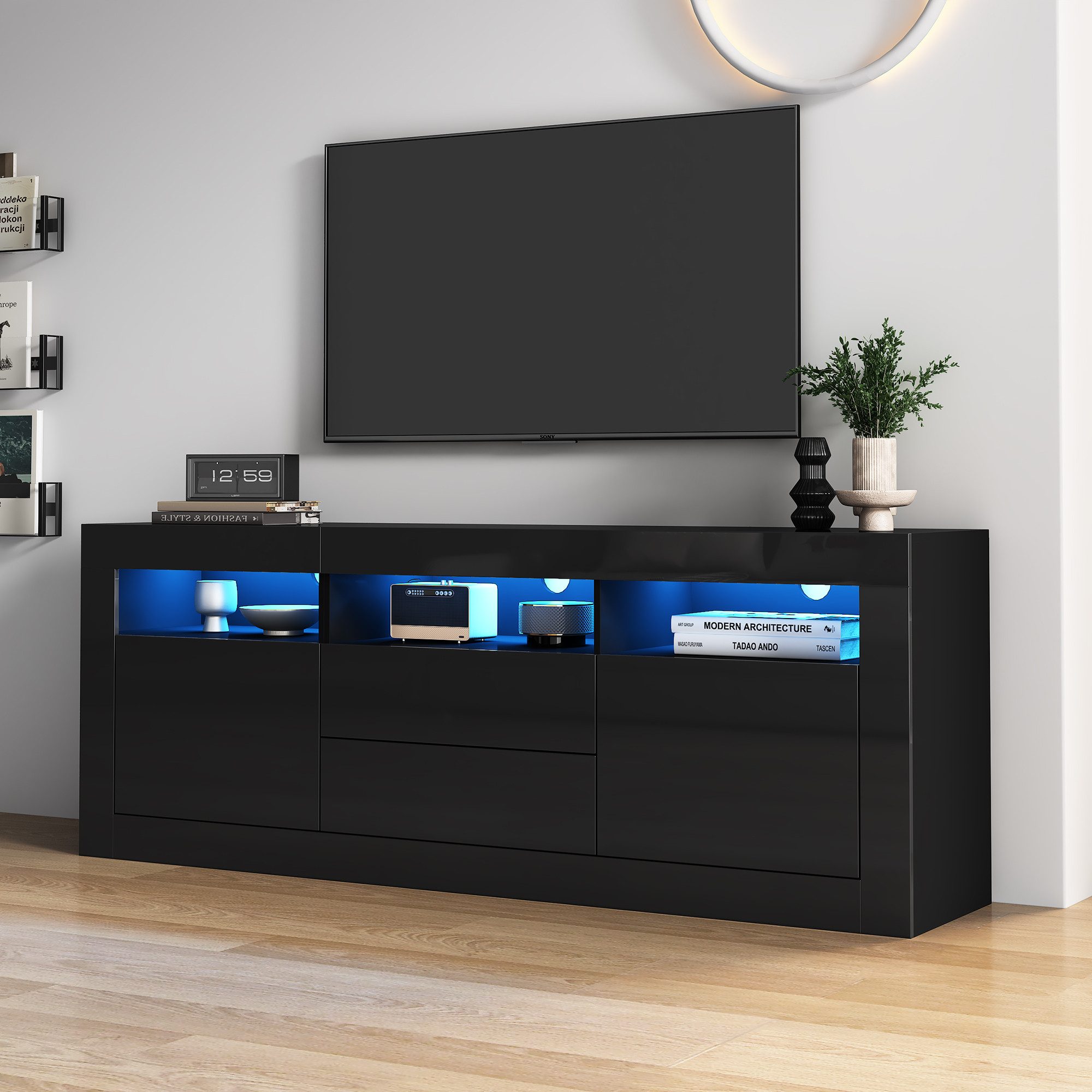 REDOM Lowboard Moderner Hochglanz-TV-Schrank mit LED-Beleuchtung (TV-Ständer für 70-Zoll-Fernseher, 3 offenen Fächern, 2 Türen, 2 Schubladen), mit LED-Beleuchtung
