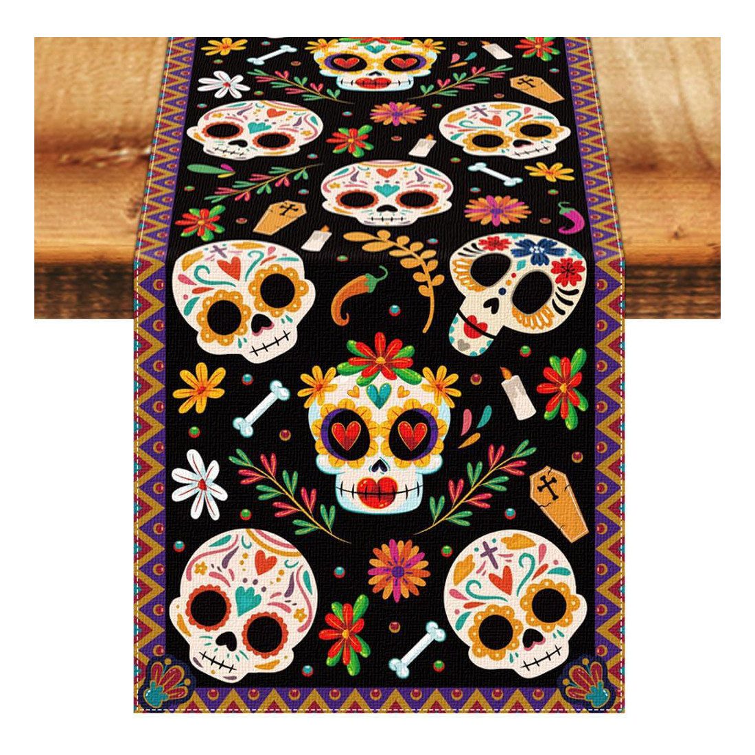 Bomiclss Tischläufer Halloween, Dia de los Muertos Tischdeko (1-tlg), Dekorativer Tischläufer für Herbst Party und Esstisch