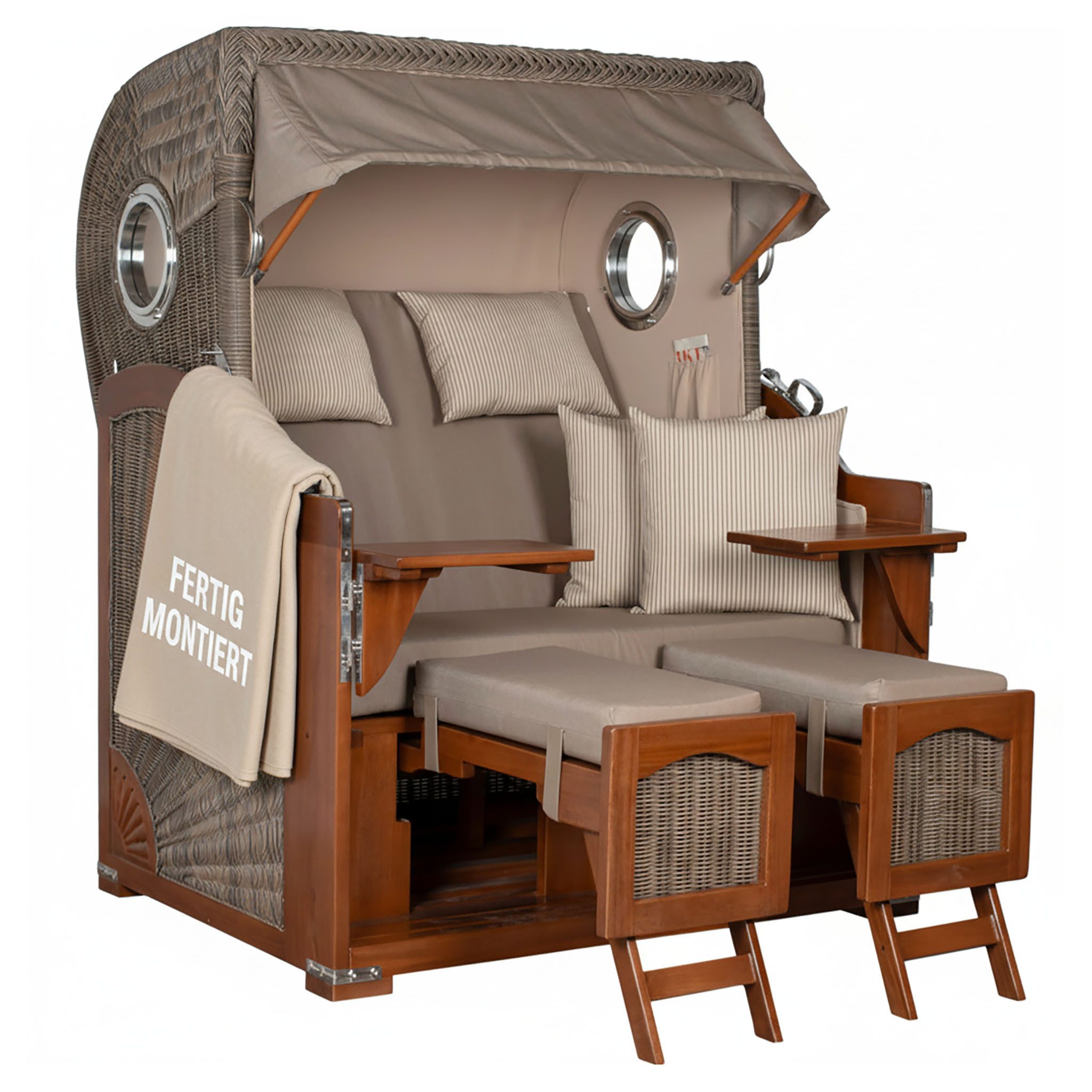 MR.DEKO Strandkorb 2-Sitzer Düne Bullauge Vollholz PE-Geflecht grau 125x170x80, BxTxH: 125x80x170 cm, 2-Sitzer Strandkorb, Strandkorb Düne Bullauge, (Fertig montierter Strandkorb für Garten, Terrasse & Balkon), Wetterfester Volllieger mit Edelstahlbeschlägen & waschbaren Polstern