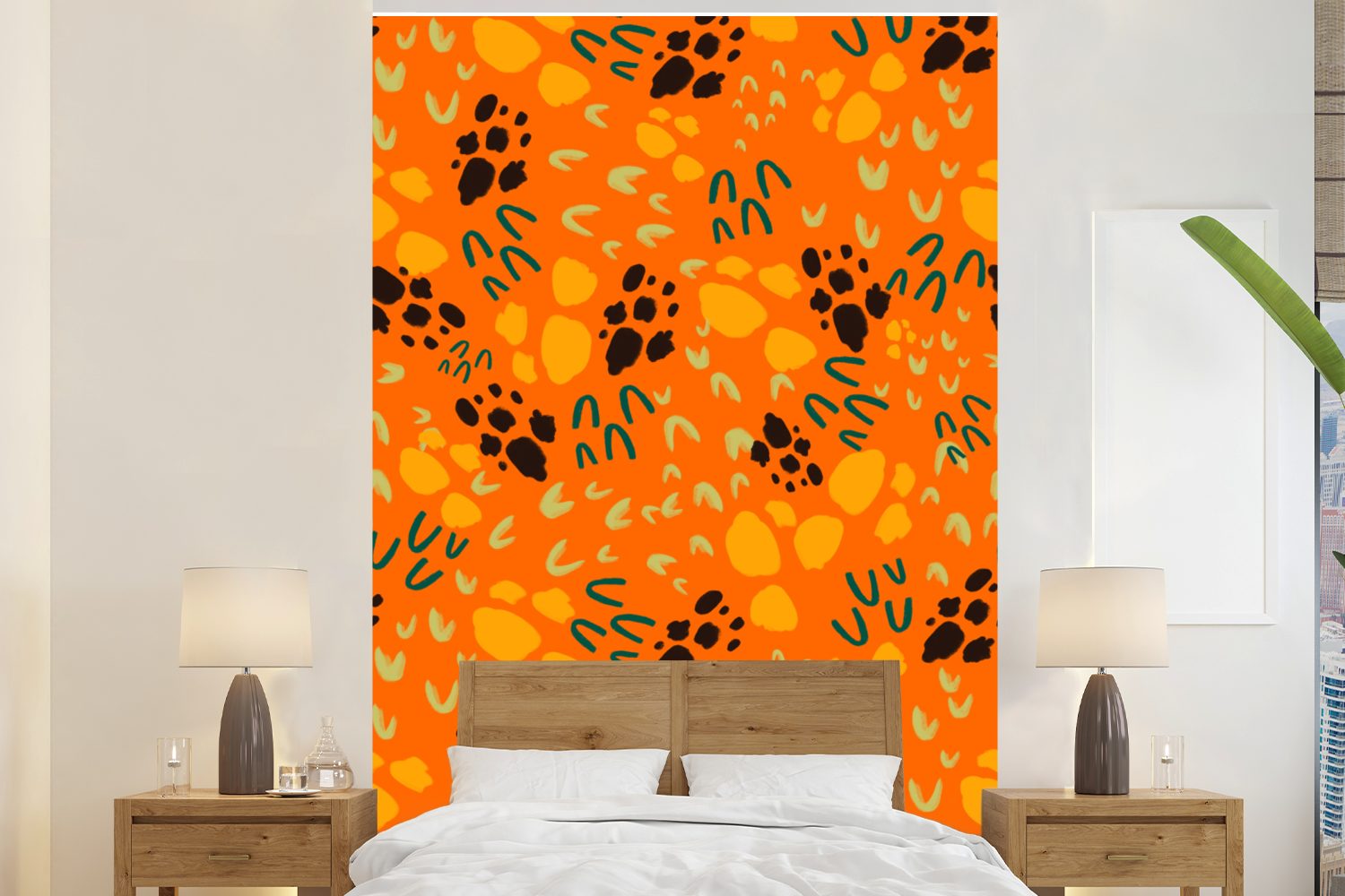 MuchoWow Fototapete Orange - Sporen - Muster, Matt, bedruckt, (3 St), Montagefertig Vinyl Tapete für Wohnzimmer, Wandtapete
