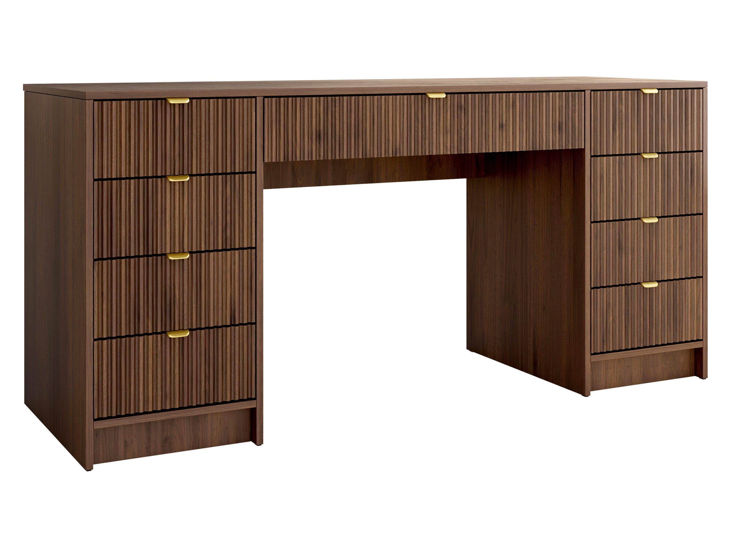 MIRJAN24 Schreibtisch Tireno Bis (mit neun Schubladen), 154x55x76 cm, Goldfarben Aluminiumgriffe, Schminktisch