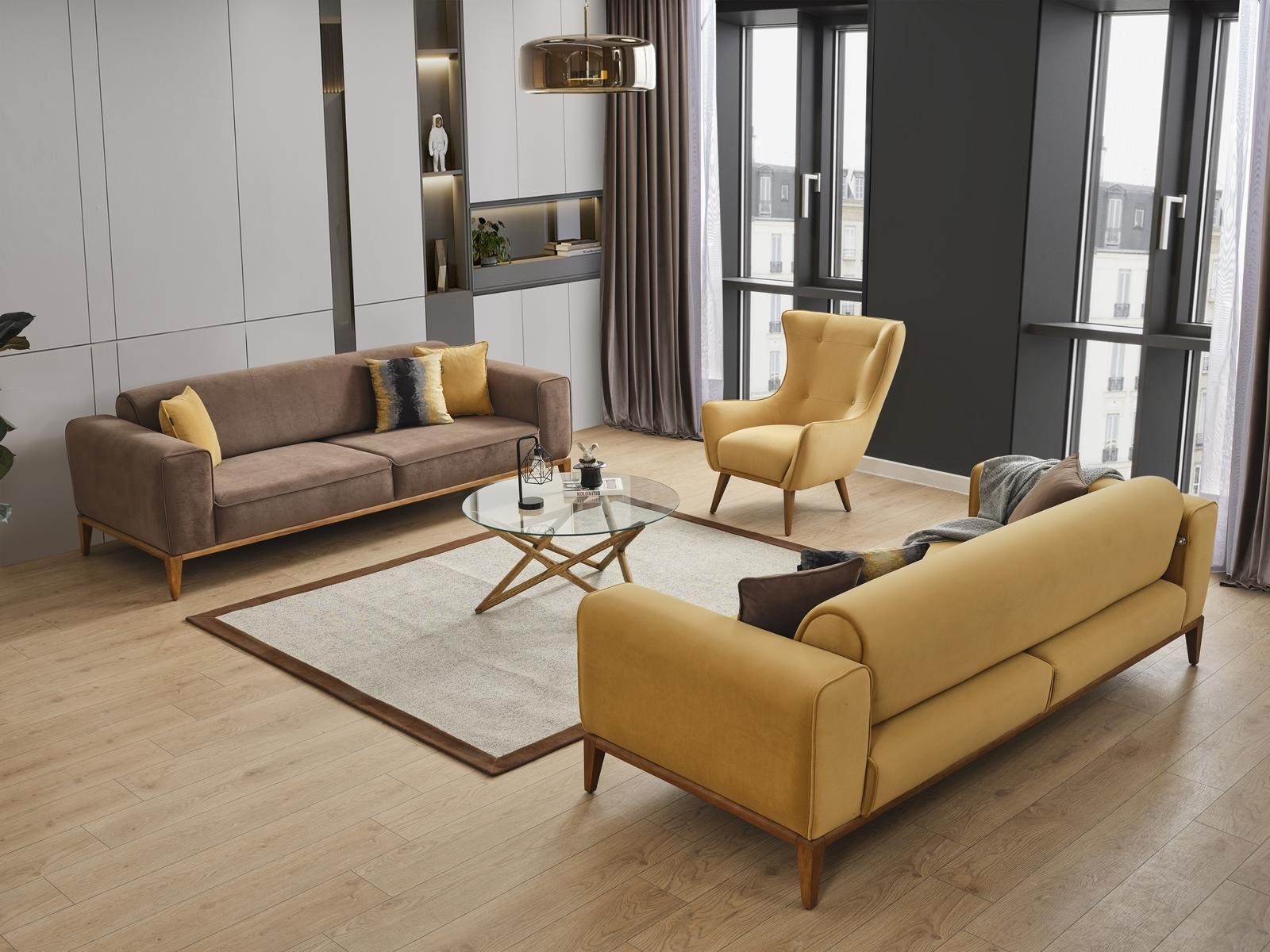 Gelb Sessel Stoff Sofa Sitzer Sofa Komplette in JVmoebel Teile, Made 3 Sofagarnitur Europa Set 431 3tlg,