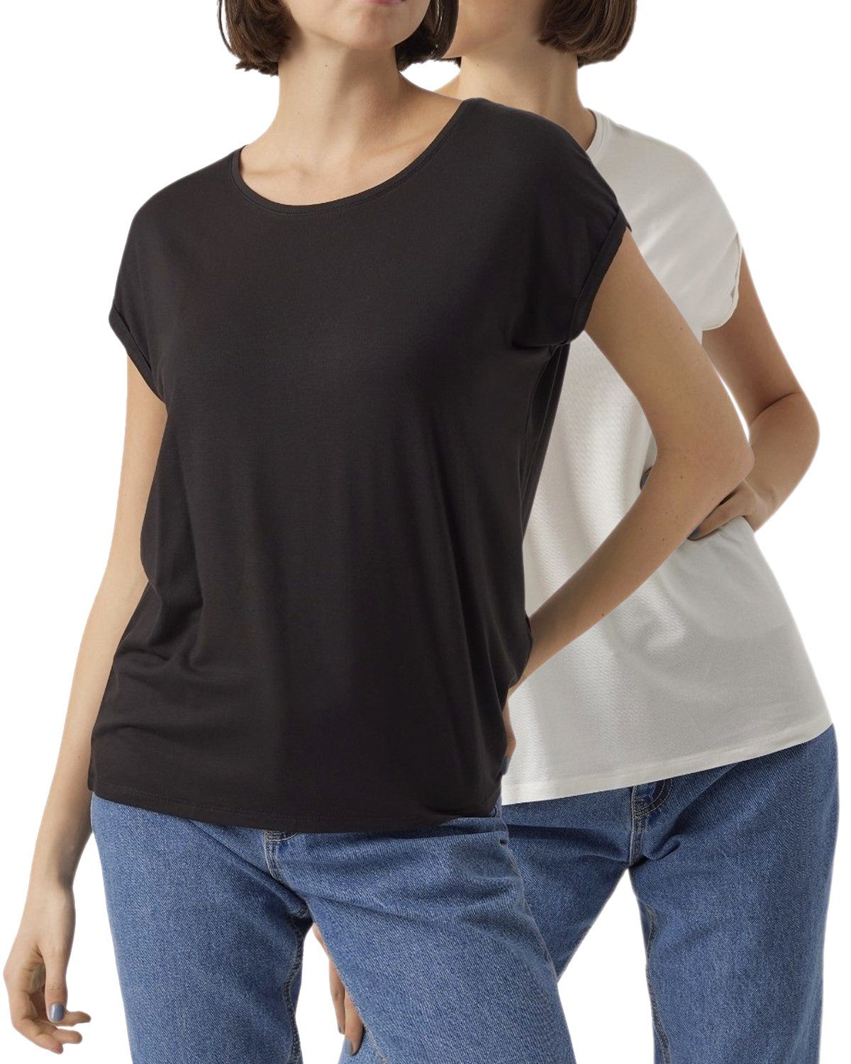 Vero Moda T-Shirt Stilvolles Basic Shirt mit Rundhalsausschnitt (2er-Pack) unifarbenes Oberteil aus Baumwollmischung, Größe M